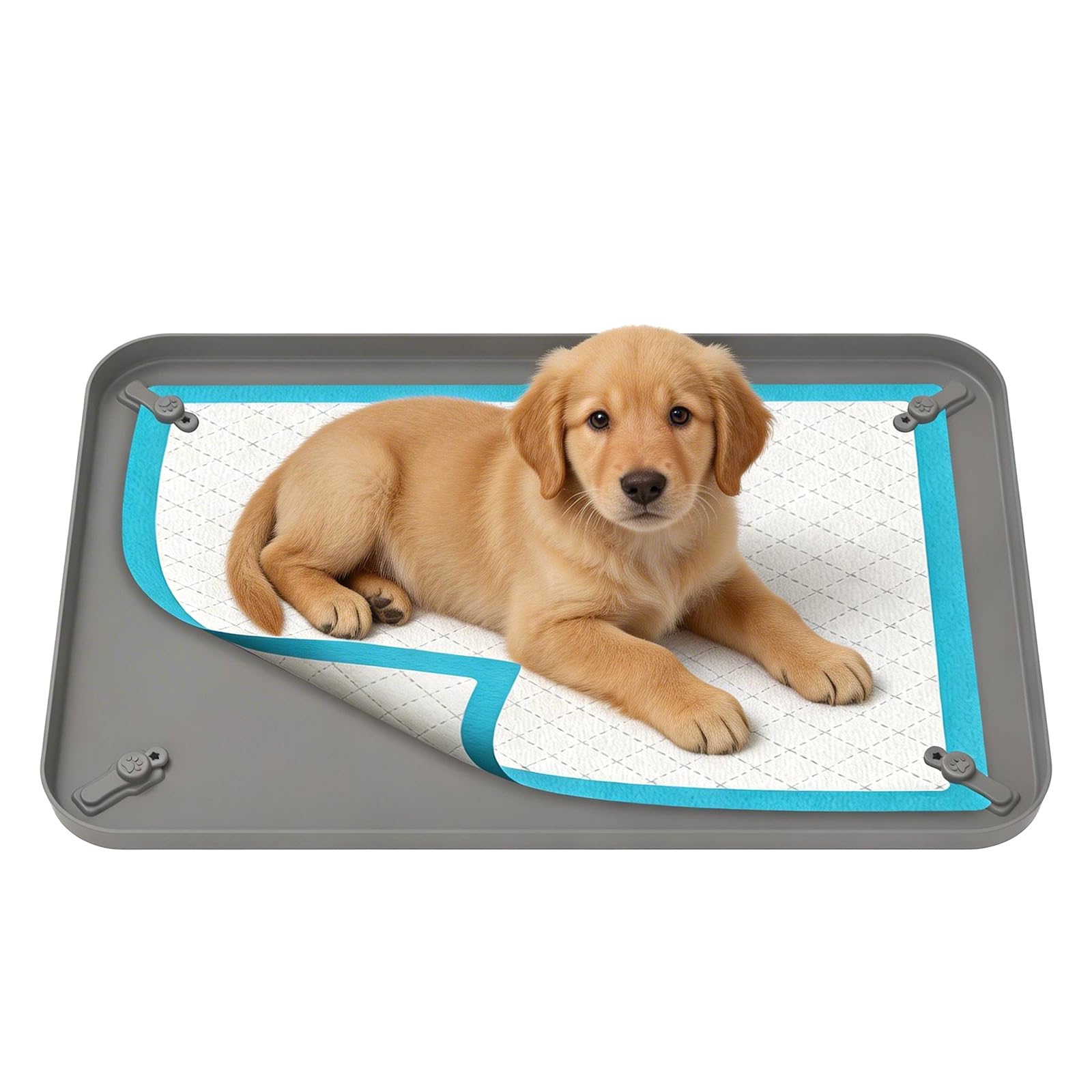 Qinglang Grey Silicone Dog Pee Pad Holder, 62X42cm Puppy Potty Training Tray With 1.5Cm Raised Edge & Corner Snaps, Leak-Proof Washable Pet Mat For Floor Protection, Indoor Dog Toilet