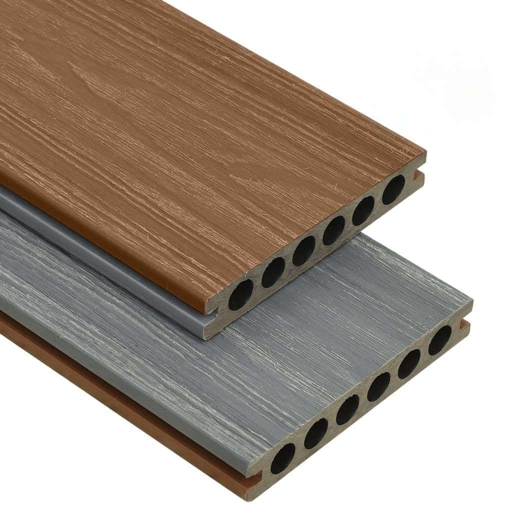 Lot de lames de terrasse WPC marron et gris avec accessoires, 20 m², 4000 x 140 x 23 mm, composite bois-plastique, imperméable, antidérapant, facile d'entretien, aspect bois, pour terrasse