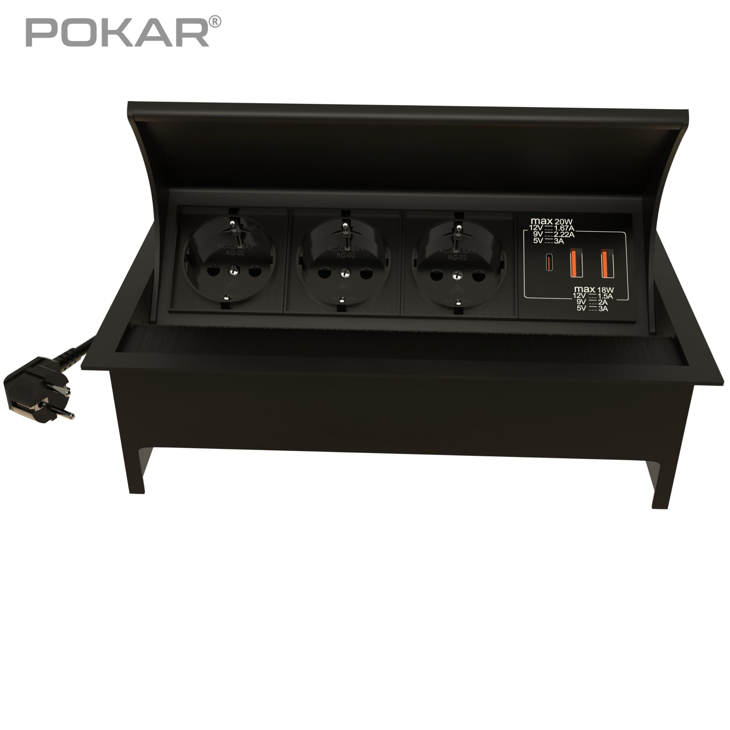 POKAR Regleta Enchufes Multiples Empotrada Regleta para Encimera con 3 Enchufes y USB C & 2 USB A para Escritorio