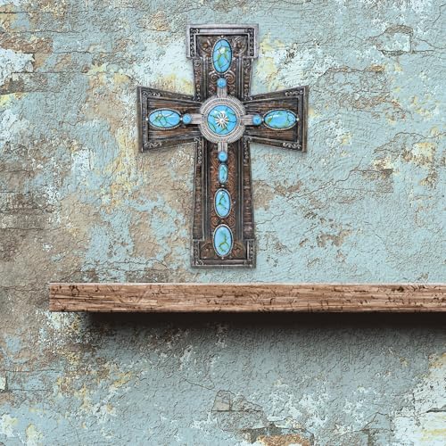 Cruz de pared turquesa de resina con relieve rústico ovalado 6
