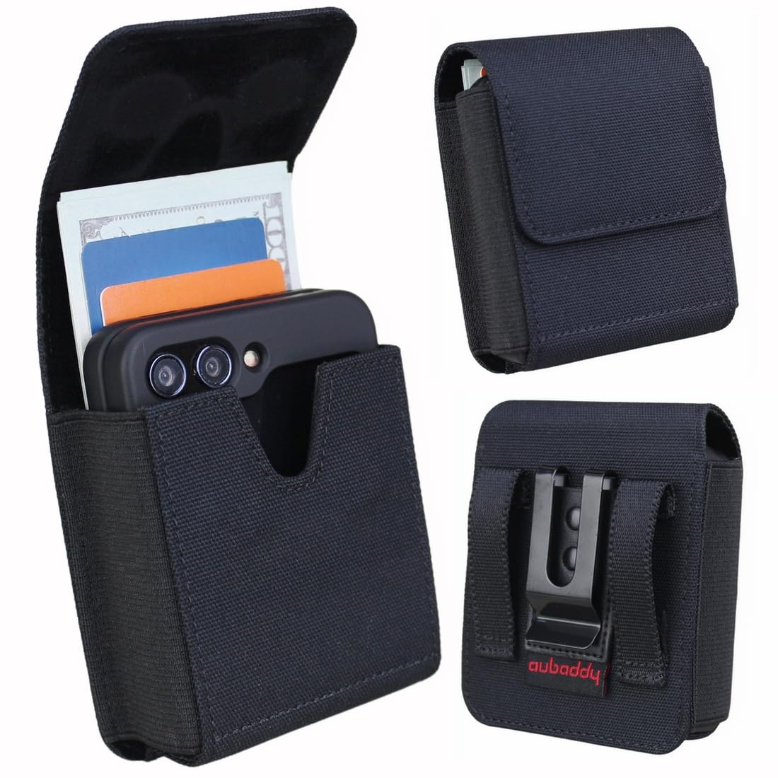 Funda con tapa para teléfono Samsung Galaxy Z Flip 6/5/4/3/2, funda de nailon con clip para cinturón para Motorola Razr 2024/2023 Moto Razr+ Plus Ultra, funda para tarjetero, color negro