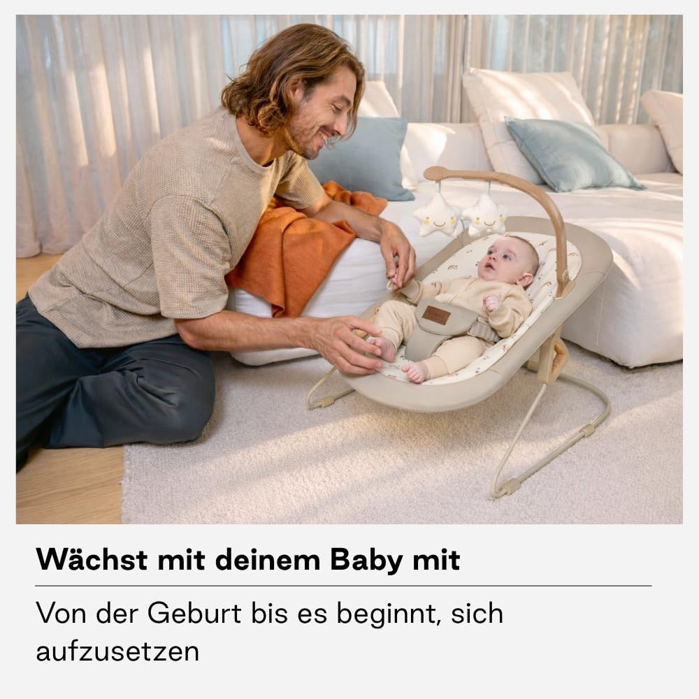 Jané Light, Babywippe ab Geburt, Ultraleichte Babywippe mit natürlicher Wippbewegung, Spielbogen und Neugeboreneneinsatz, Abnehmbarer und Waschbarer Bezug, Beige