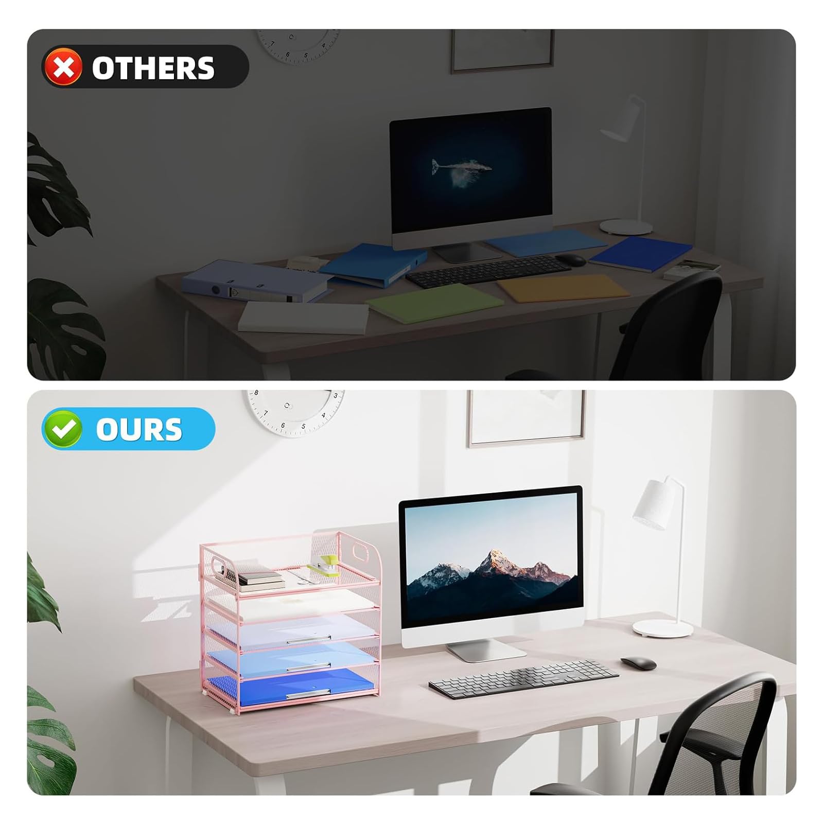 Marbrasse 5-Tire Schreibtisch Organizer,Mesh Briefablage mit Griff,Schreibtisch Ablagefächer,Papier Dokumenten Ablage Regal, Aktenablage Desk Organizer für Zuhause,Büro und Schule (Rosa)
