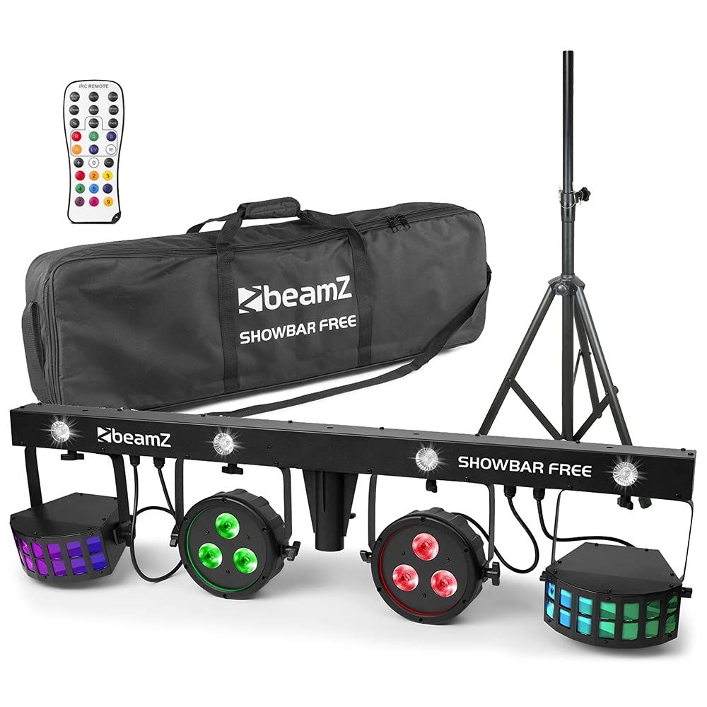 BeamZ Showbar Free DJ Lighting Set with Stand - LED Disco Effect Lighting System, Multi FX Derby, PAR Spot and Strobe with IR Remote & Carry Bag for Parties, Events and Mobile DJs