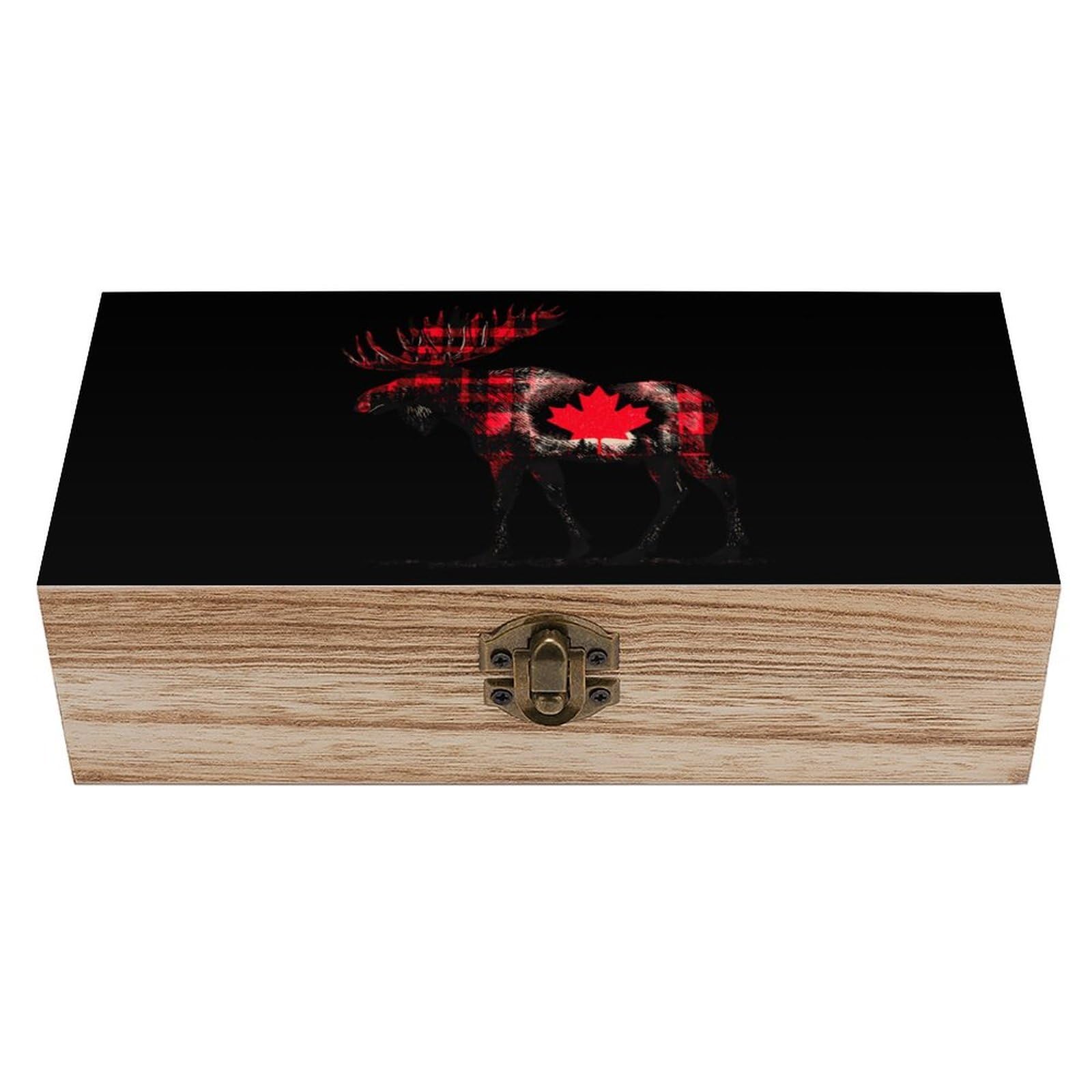 HLBSDM Canadian Moose Red Plaid Wooden Box with Hinged Lid Decorative Storage Case Container