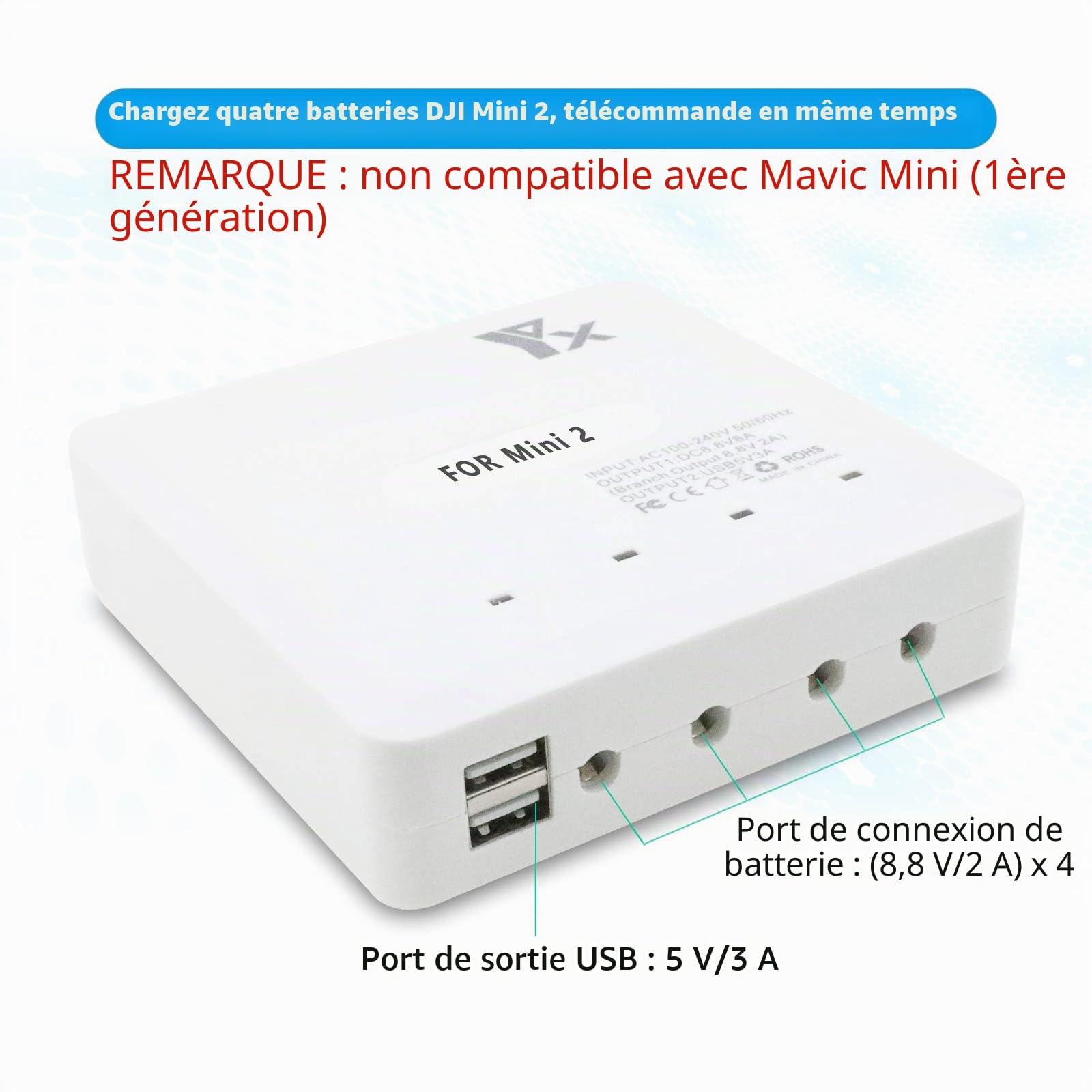 Chargeur de Batterie 6 en 1 pour DJI Mini 4K/2,Mini 2 SE Drone,Charge 4 Piles et 2 Ports USB Simultanément, Station de Recharge Hub Accessoires