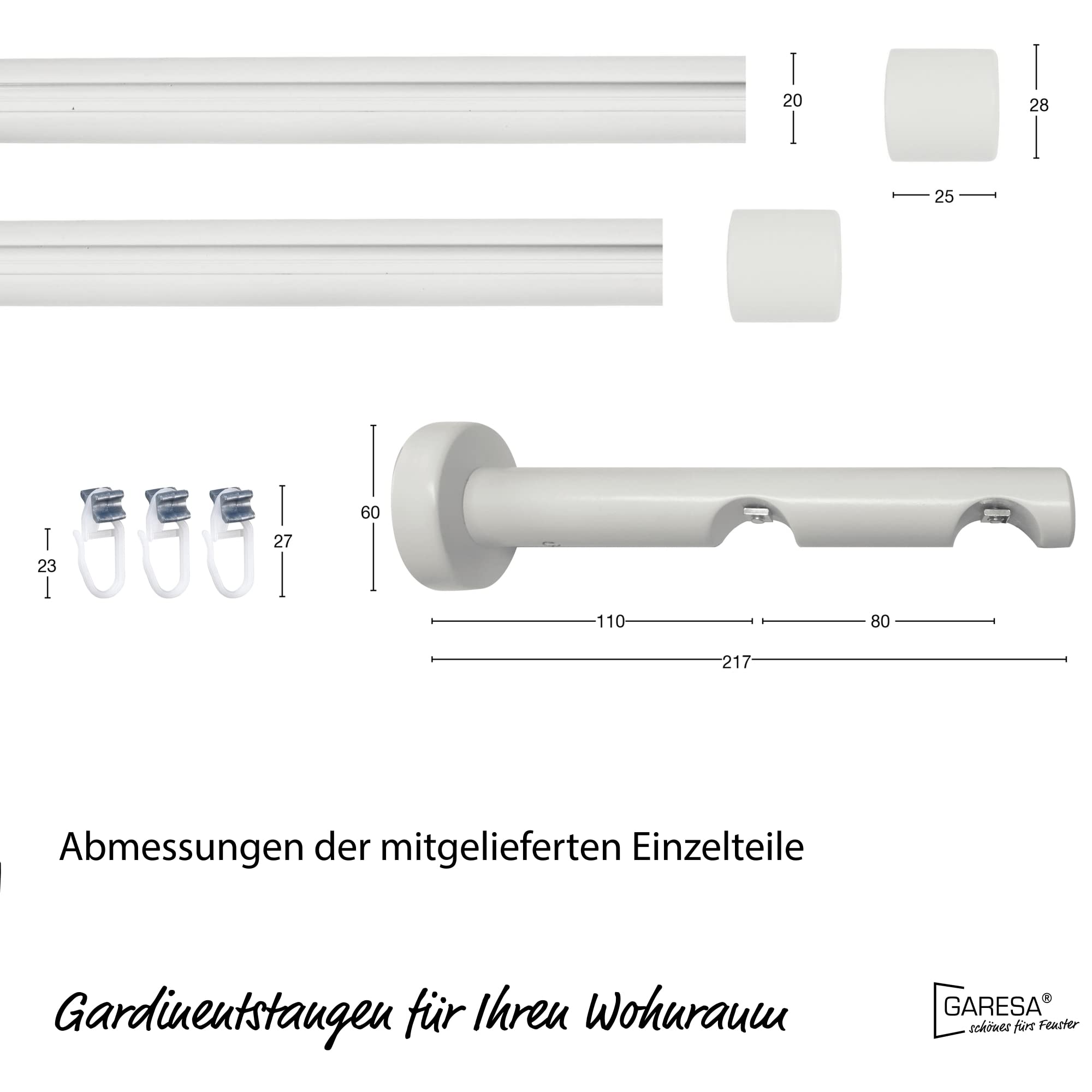 Garesa Gardinenstange Kea Ø 20mm, 2-läufig, Weiß I Aluminium Vorhangstange inkl. Gleiter I Endknopf Kappe I Für mittelschwere Vorhänge I 220cm
