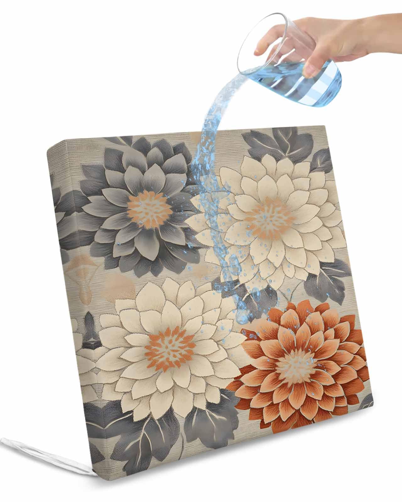 2 Pack Vintage Spring Floral Waterproof Cushion Covers with Ties, Outdoor Patio Chaise Lounge Chair Seat Cushion Slip Covers Replacement(Only Cover) Orange Grey Watercolor Flower 22