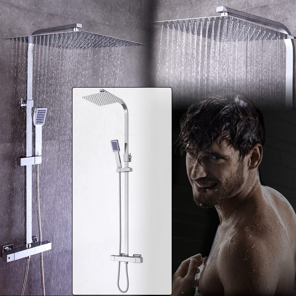 Juego de ducha con termostato de 40 cm, cuadrado, alcachofa de lluvia con ducha de mano, 38 ℃, para ferretería, cocina y baño, instalación de baño