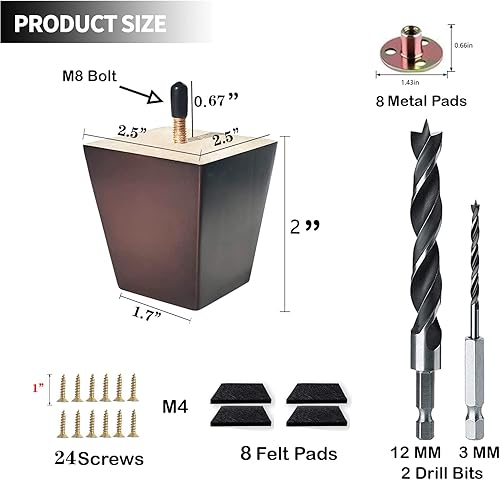 Miniatura 9 de Patas de sofá cuadradas para cama, patas de repuesto de madera de 4 pulgadas para muebles, juego de 4, marrón oscuro