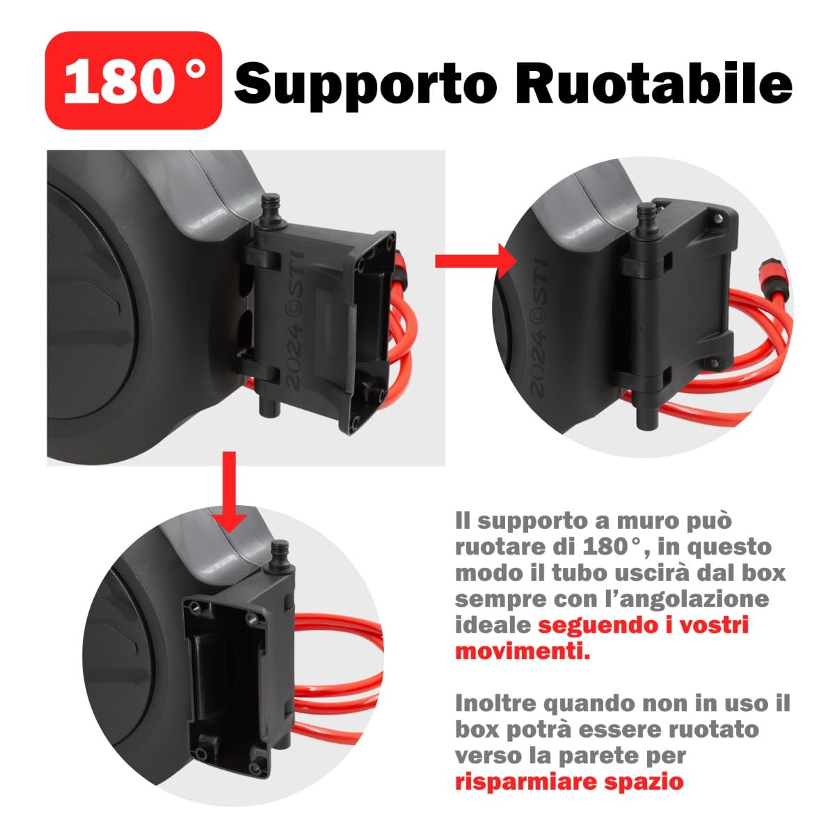 STI Avvolgitubo automatico da Giardino 20m da Parete con Box e fissaggio a parete Tubo acqua PVC 3 strati 1/2" irrigazione da muro girevole 180°, con lancia e attacchi rapidi
