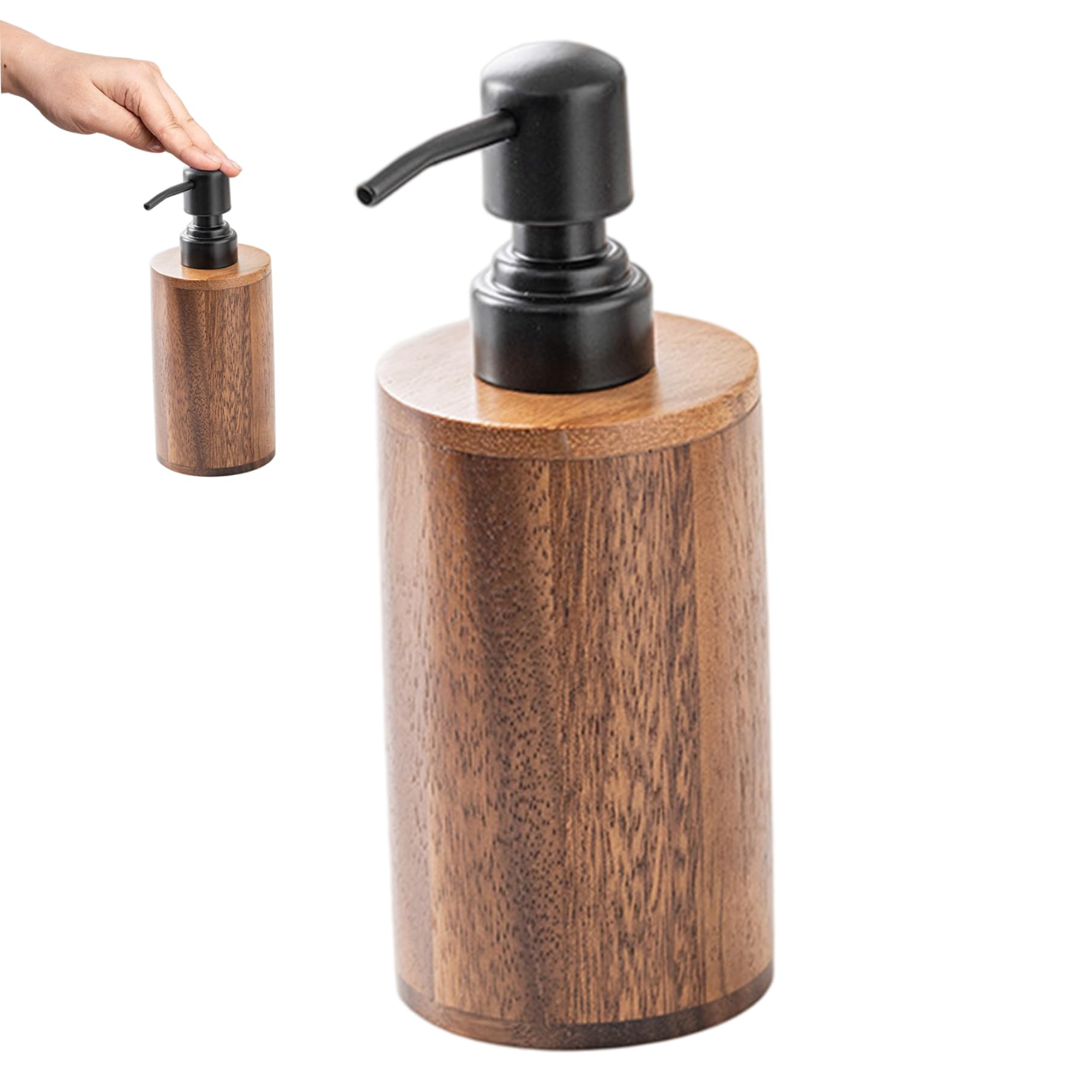 Muzrunq Brown Soap Dispenser Round Cylinder Walnut Wood Soap Dispenser With Pump Head For Bathroom Kitchen Countertop 200Ml Home Wood Hand Disp