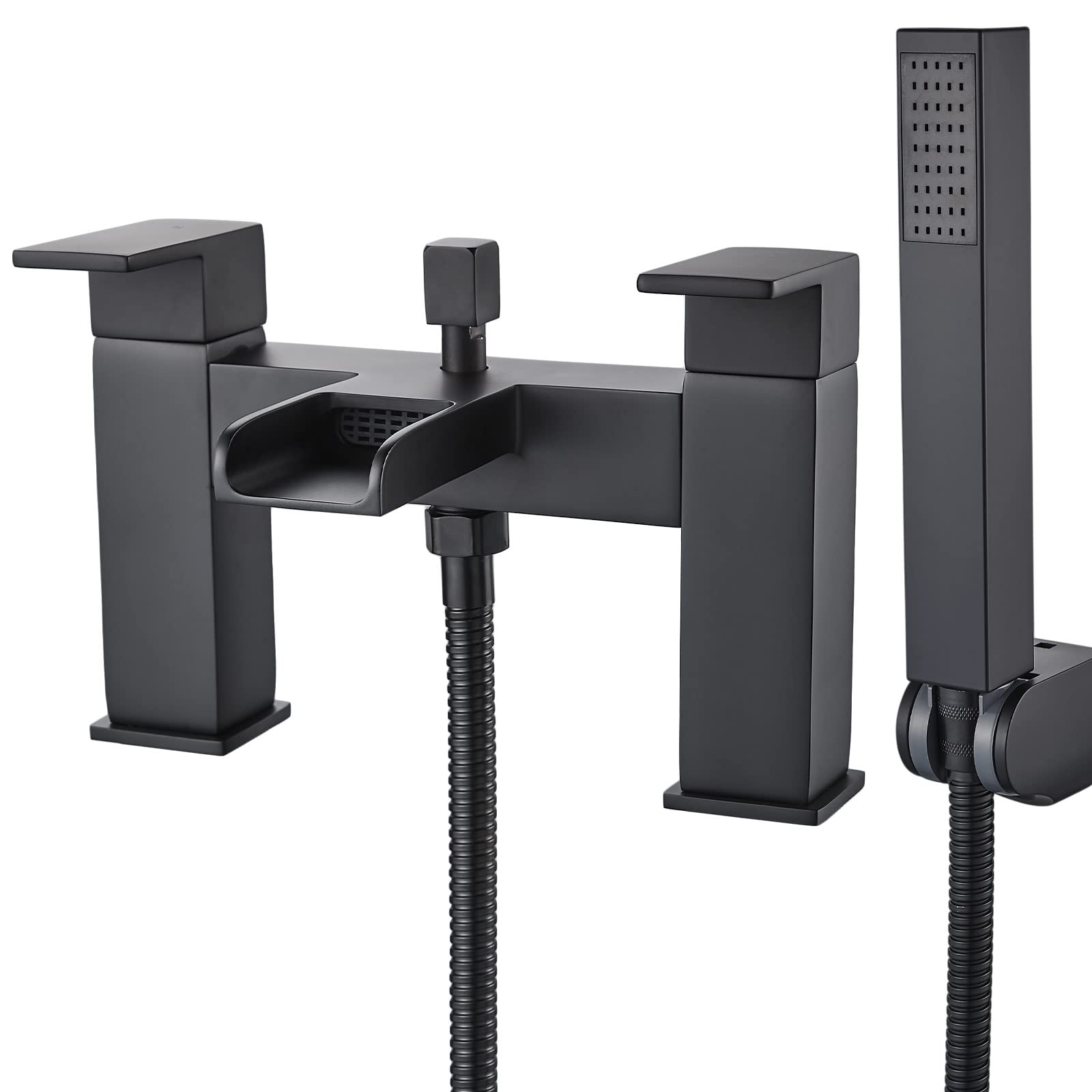 Bath tap with Shower Waterfall Bath Shower Filler Mixer Tub Tap Double Lever Chrome Solid Brass with Handheld Shower Head Faucet,Black