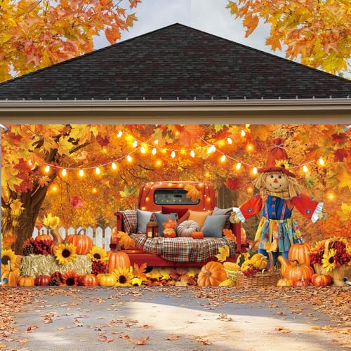 Preboun Fall Leaves Garage Door Banner 7 x 16 ft Autumn Pumpkin Scarecrow Backdrop Door Cover Hanging Garage Decorations Banner Thanksgiving Holiday Party Background Sign for Wall House Decor