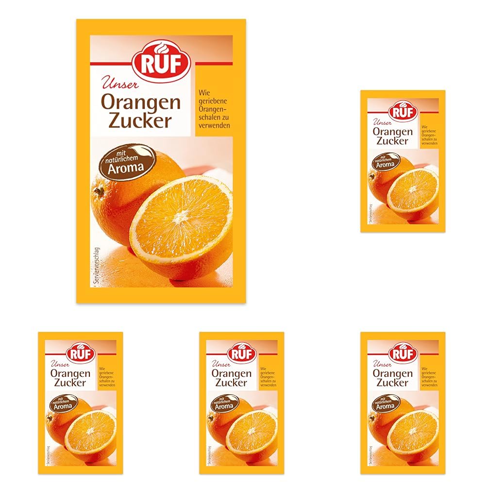 RUF Orangen-Zucker, aromatisierter Zucker mit natürlichem Orangen-Aroma, wie geriebene Orangenschalen zu verwenden, glutenfrei, vegan, 3 x 10g (Packung mit 5)