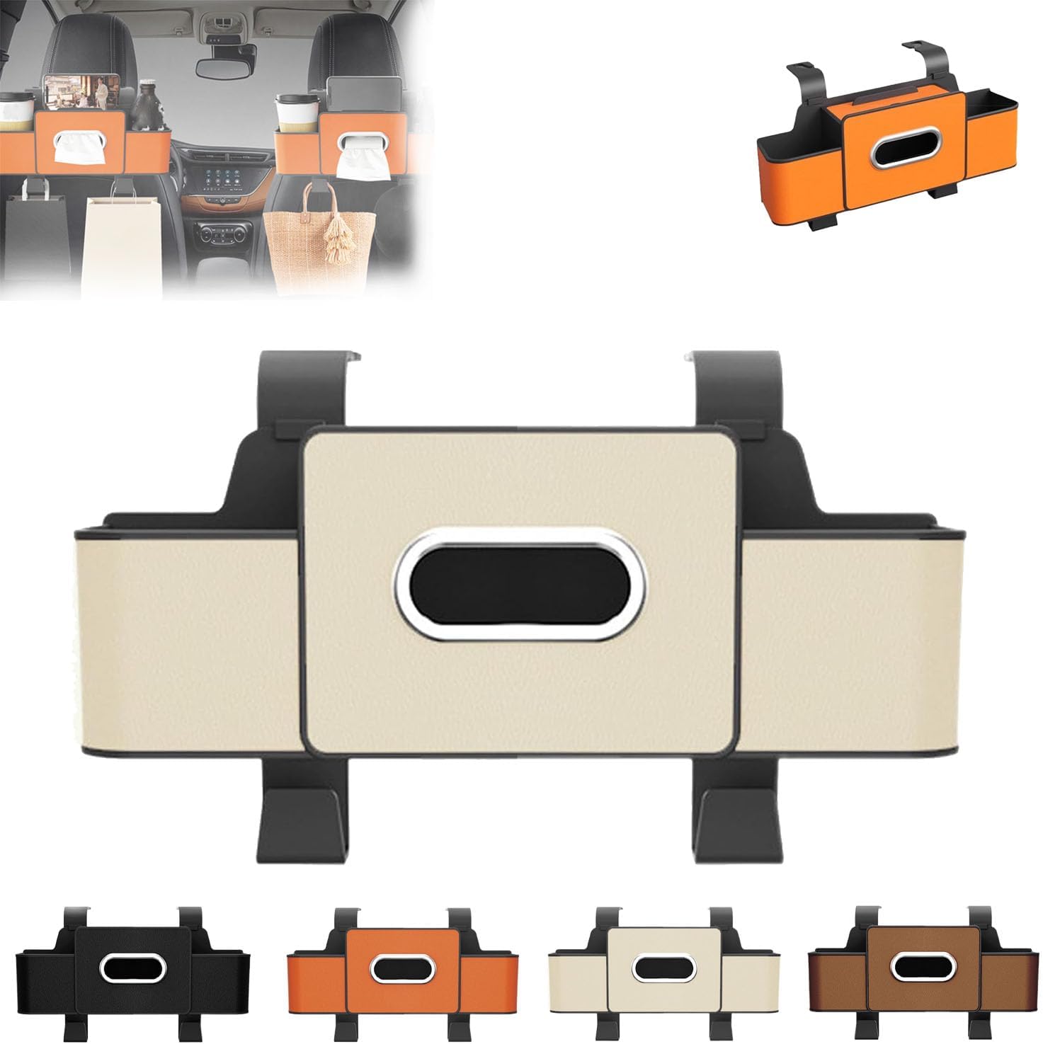 Car Organizer And Storage Box, Smart Car Organizer, 3-In-1 Car Backseat Organizer With Cup Holder, Tissue Box&Hooks, Universal Multi Car Seat Back Storage Box, For Hold Phones(Off White)