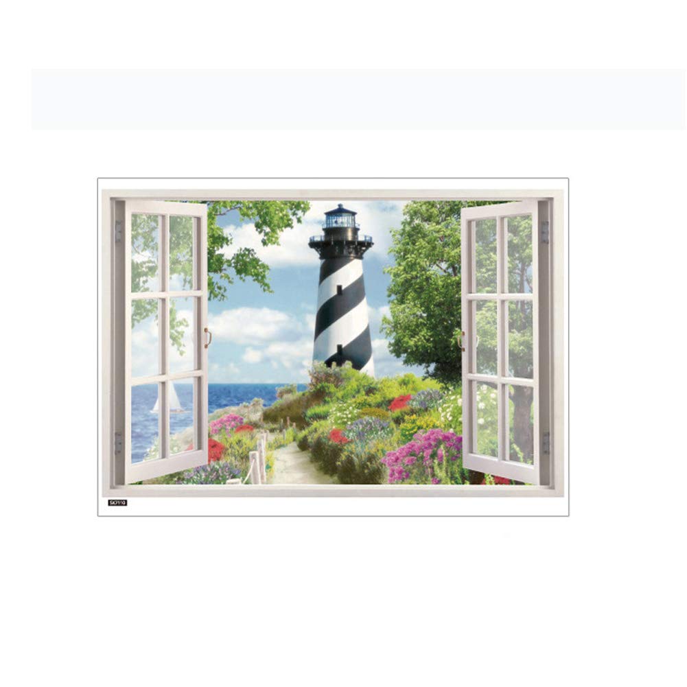Fake Window Lighthouse Green Beach Ocean Wall Sticker Decal for Bathroom Living Room Bedroom Decor