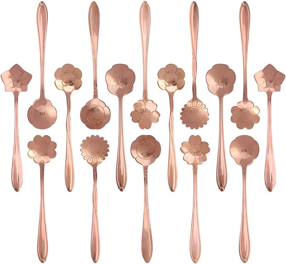 Set of 16 Stainless Steel Dessert Spoons for Coffee, Ice Cream and Tea, Flower Sugar Spoons 4.9 Inches for Demitasse Espresso (Rose Gold)