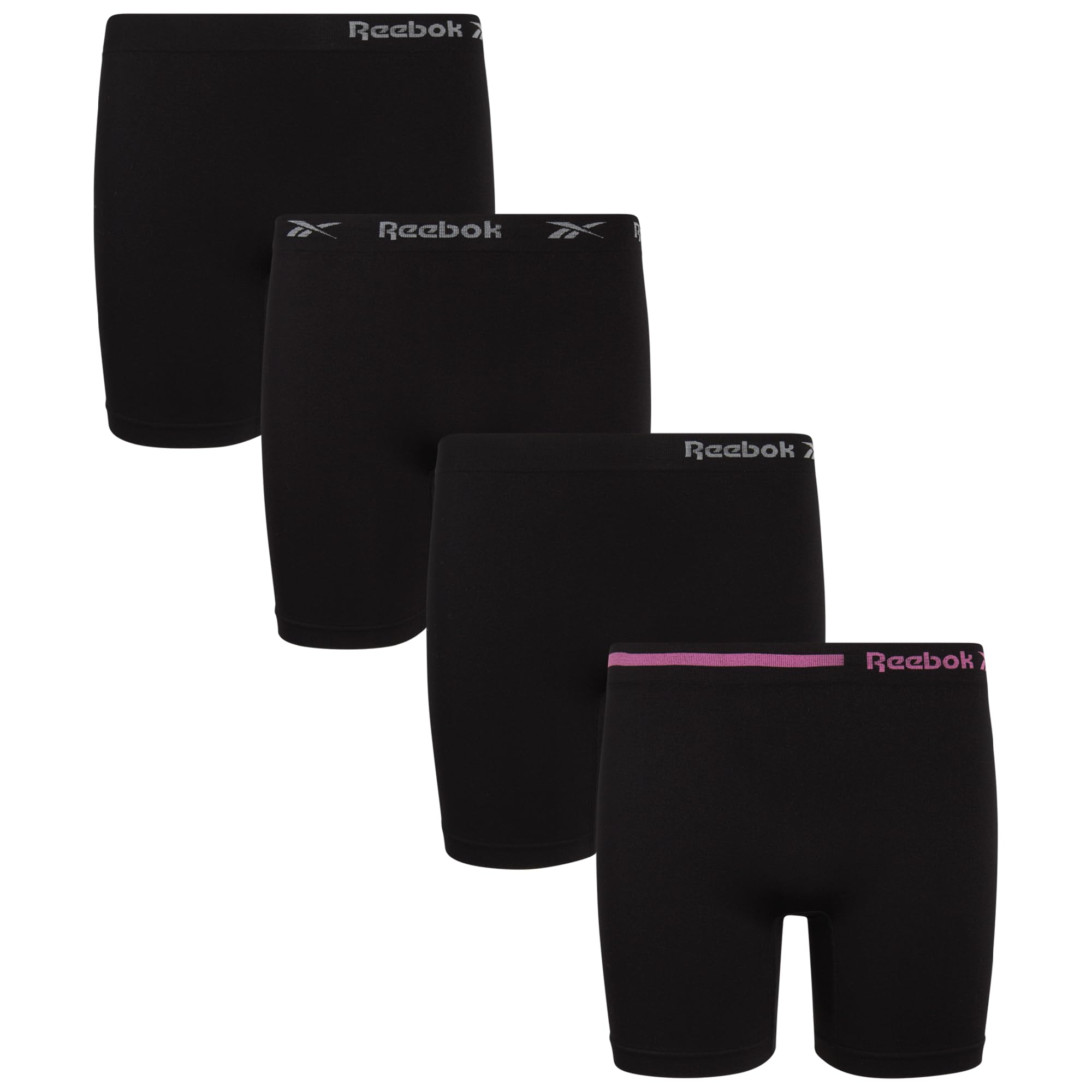 Reebok Pantalones cortos para niñas, paquete de 4 pantalones cortos suaves sin costuras de pierna larga, pantalones cortos para niñas (6-16)