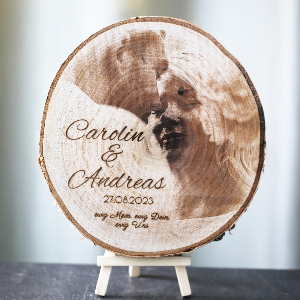 Baumscheibe mit Fotogravur persönliches Geschenk eigenes Foto auf Holz Bild Geschenk Hochzeitstag Hochzeit Geburtstag