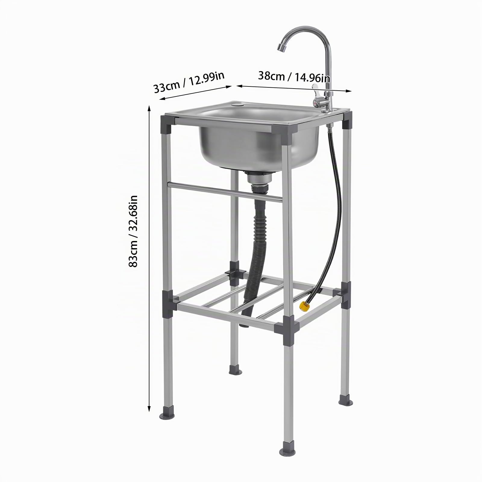 Lavabo in Acciaio Inox Commerciale 38 x 33 x 83 cm, Mobile Lavello da Cucina in Acciaio Inox, Lavandino Autoportante, con Rubinetto a 360°, Lavabo Multifunzione per Ristorante, Bar, Lavanderia