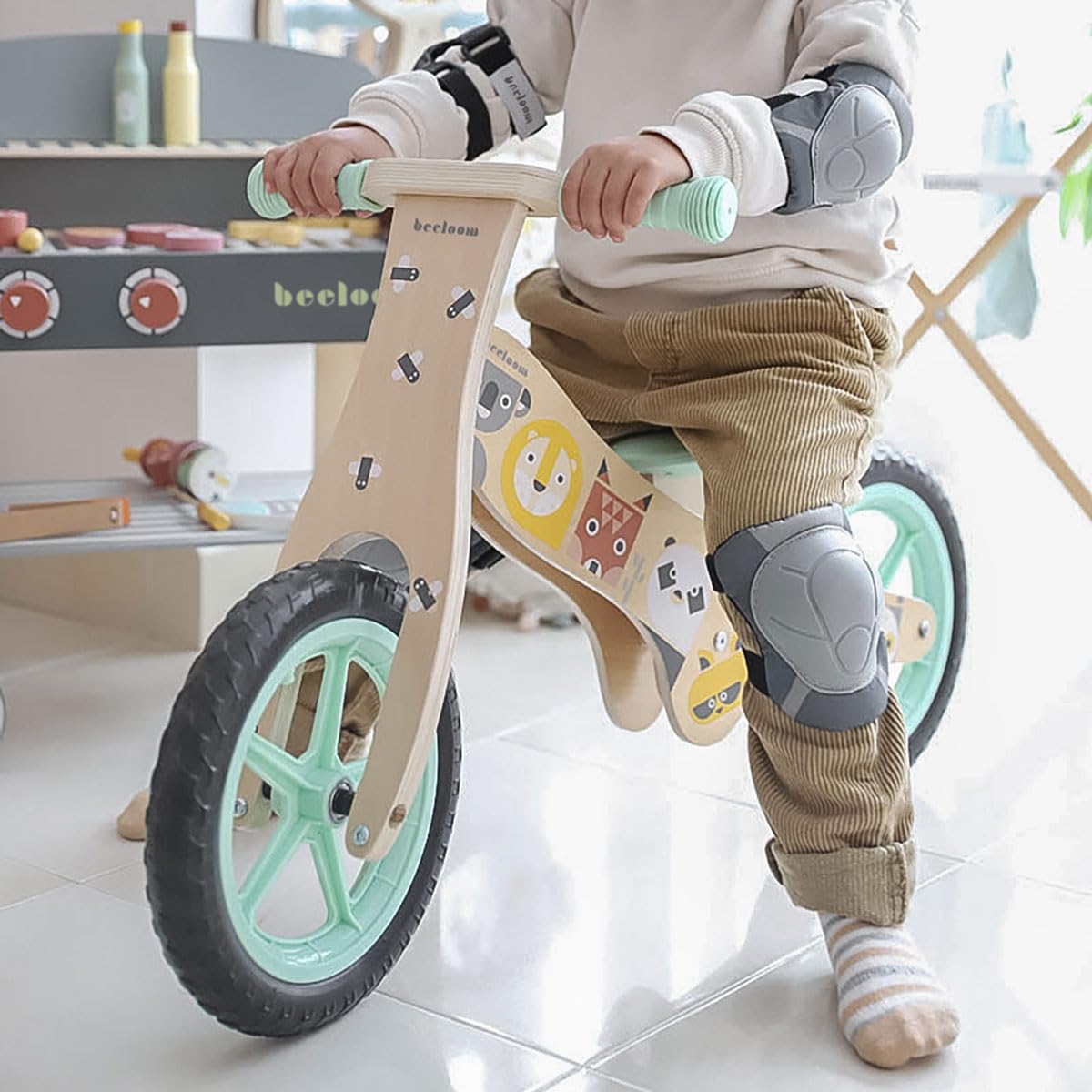 BEELOOM Protecciones Infantiles para Bicicleta Grey Pad Coderas Rodilleras Muñequeras Gris Correas Ajustables 2 Años
