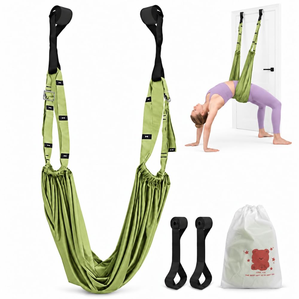 Green Yoga Stretching Strap, Adjustable Aerial Yoga Swing with 2 Door Anchors, Wide Hammock for Back, Waist and Leg Stretching, Pilates, Ballet, Dance and Gymnastics — image 1