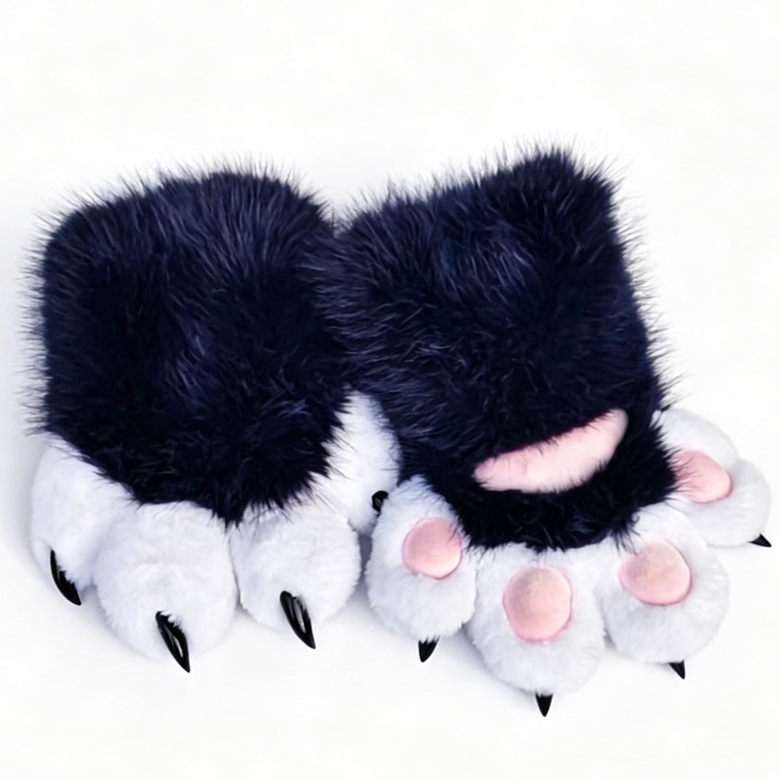 Rolamumu Fursuit Paws Furry Gloves, Soft Plush Hand Paw Gloves with Claws for Halloween Cosplay, Party, Roleplay(W)