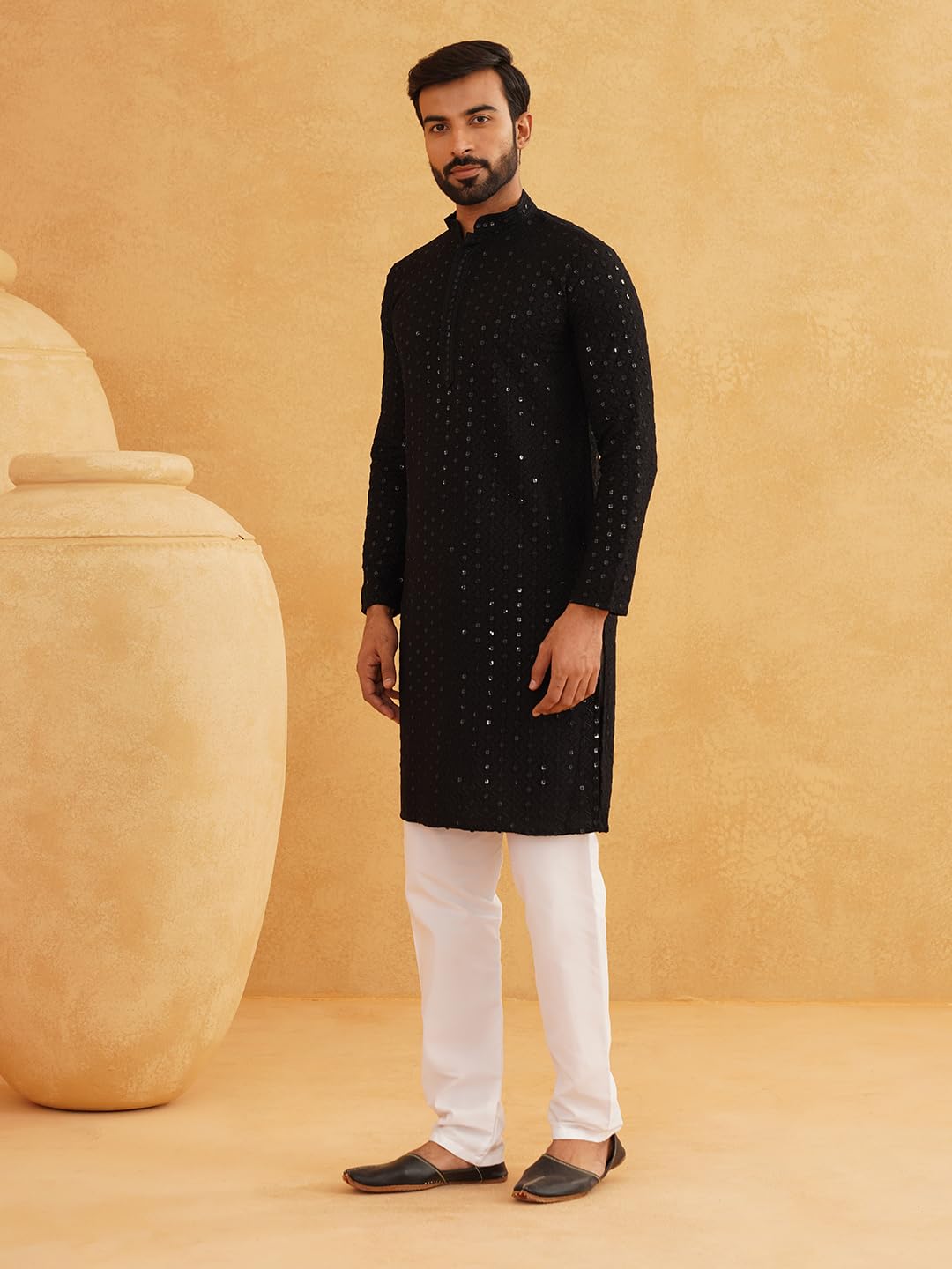Sojanya (Since 1958 Men's Pure Cotton Black Embroidered Sequined Kurta And White Pyjama Set