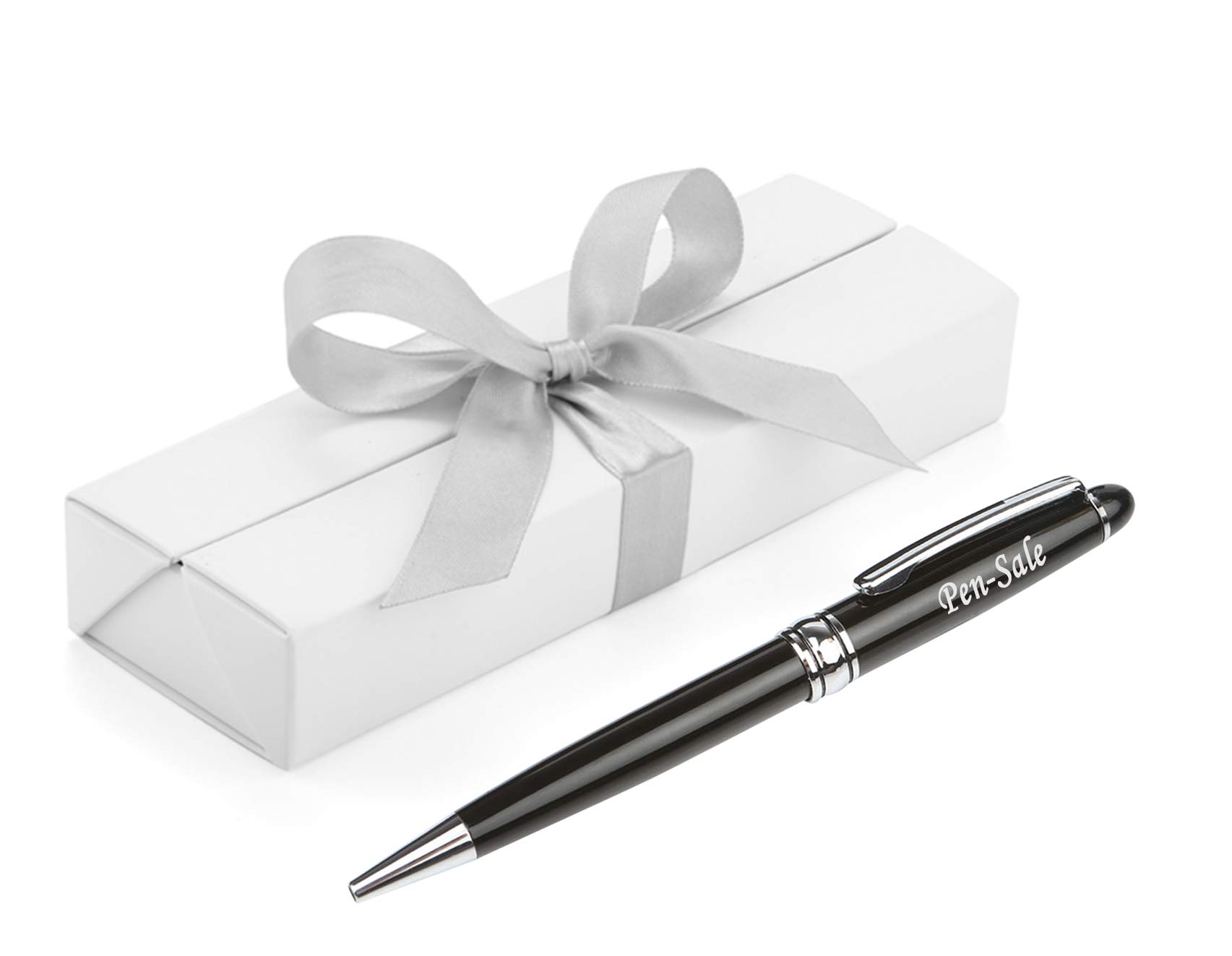Paul Clover Stylish Ballpoint Engraved Pen in a Classy Gift Box with Silver Ribbon - Gifts for Men and Women - Black