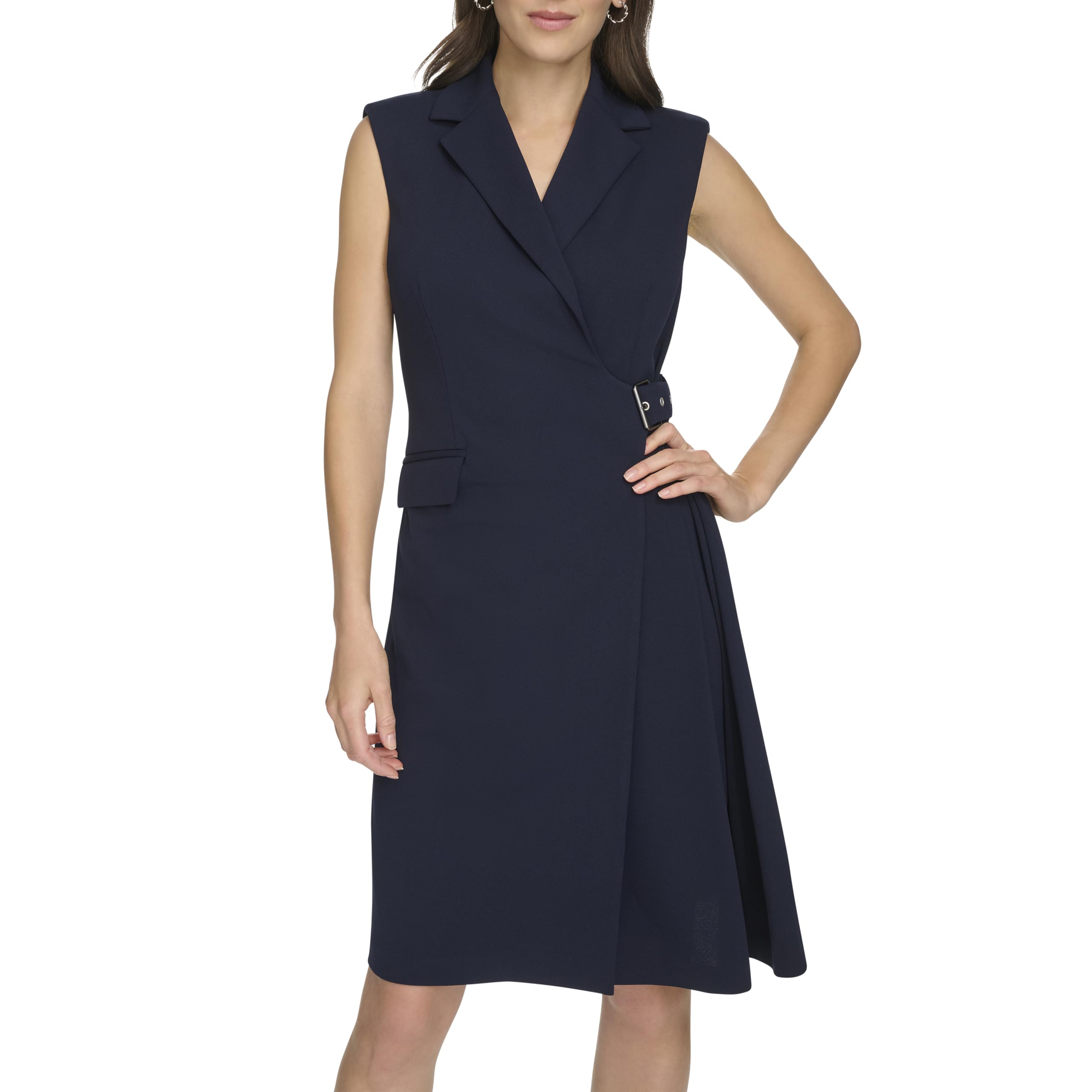 Calvin Klein Womens Sleeveless Collared Belted Wrap Knee Length Dress