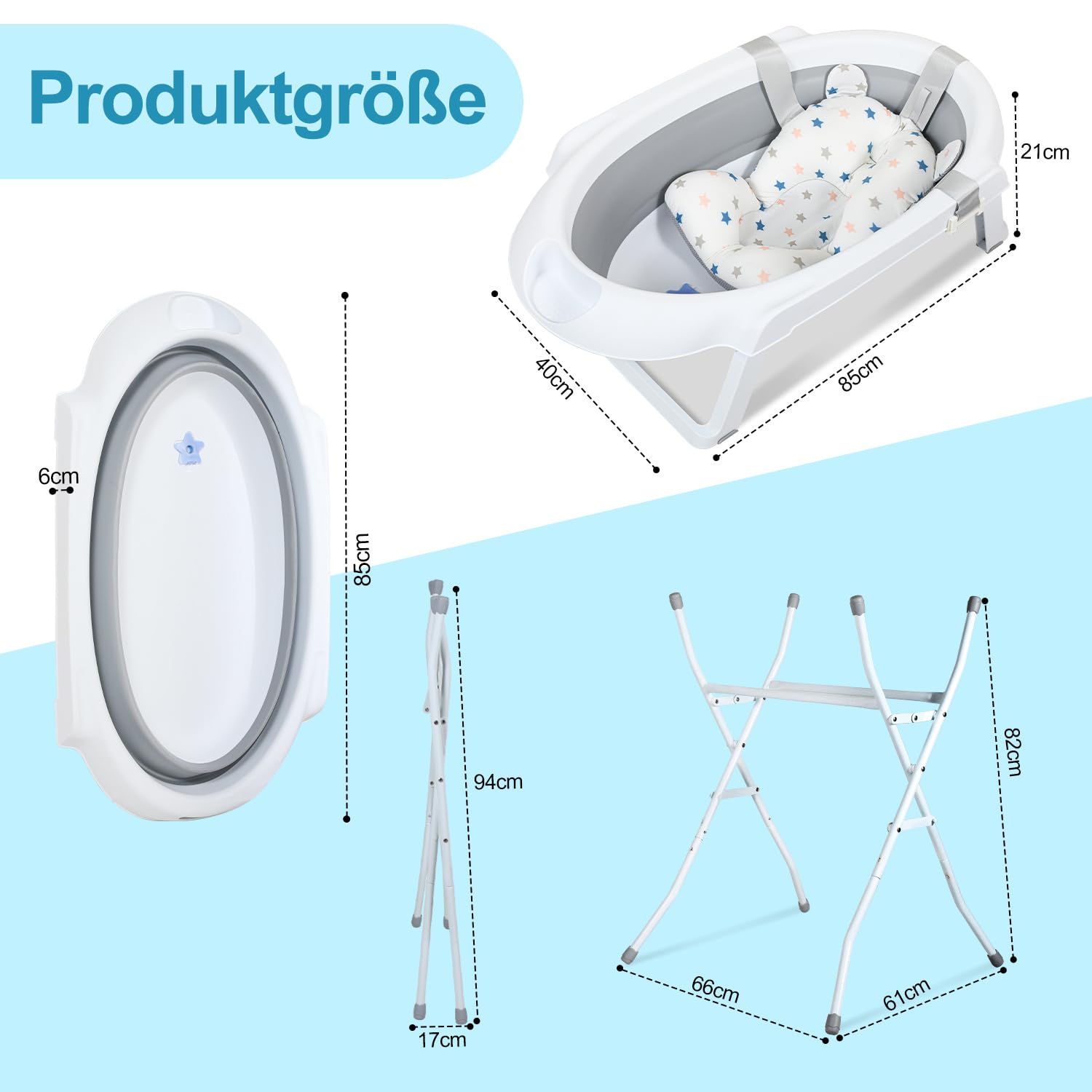 Faltbare Babybadewanne mit Gestell & temperaturreaktivem Ablassstopfen – Babywanne mit Badematte & Wasserablauf – Für Neugeborene bis 5 Jahre – Grau