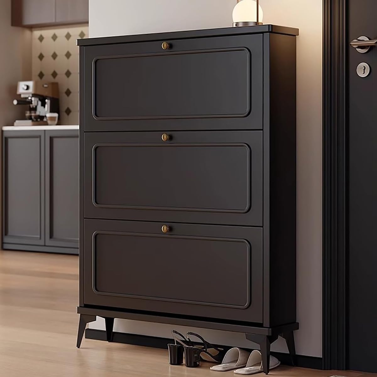 Slim Shoe Storage Cabinet with 3 Flip Drawers, Freestanding Shoe Organizer with Metal Legs for Entryway Narrow Shoe Rack Cabinet for Hallway, Living Room (Black)