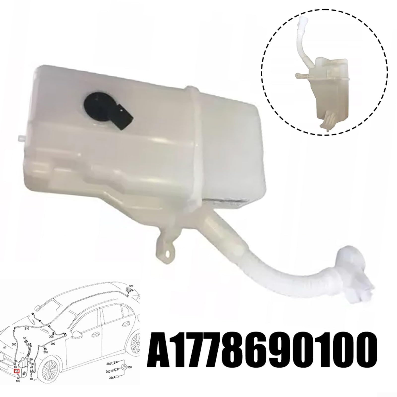 Detergente Depósito Lavaparabrisas Compatible con Mercedes Clase A W177 2017+ Reemplazo para A1778690100 ABS Plástico Negro Blanco Fácil de Instalar Duradero Resistente Forma Estable
