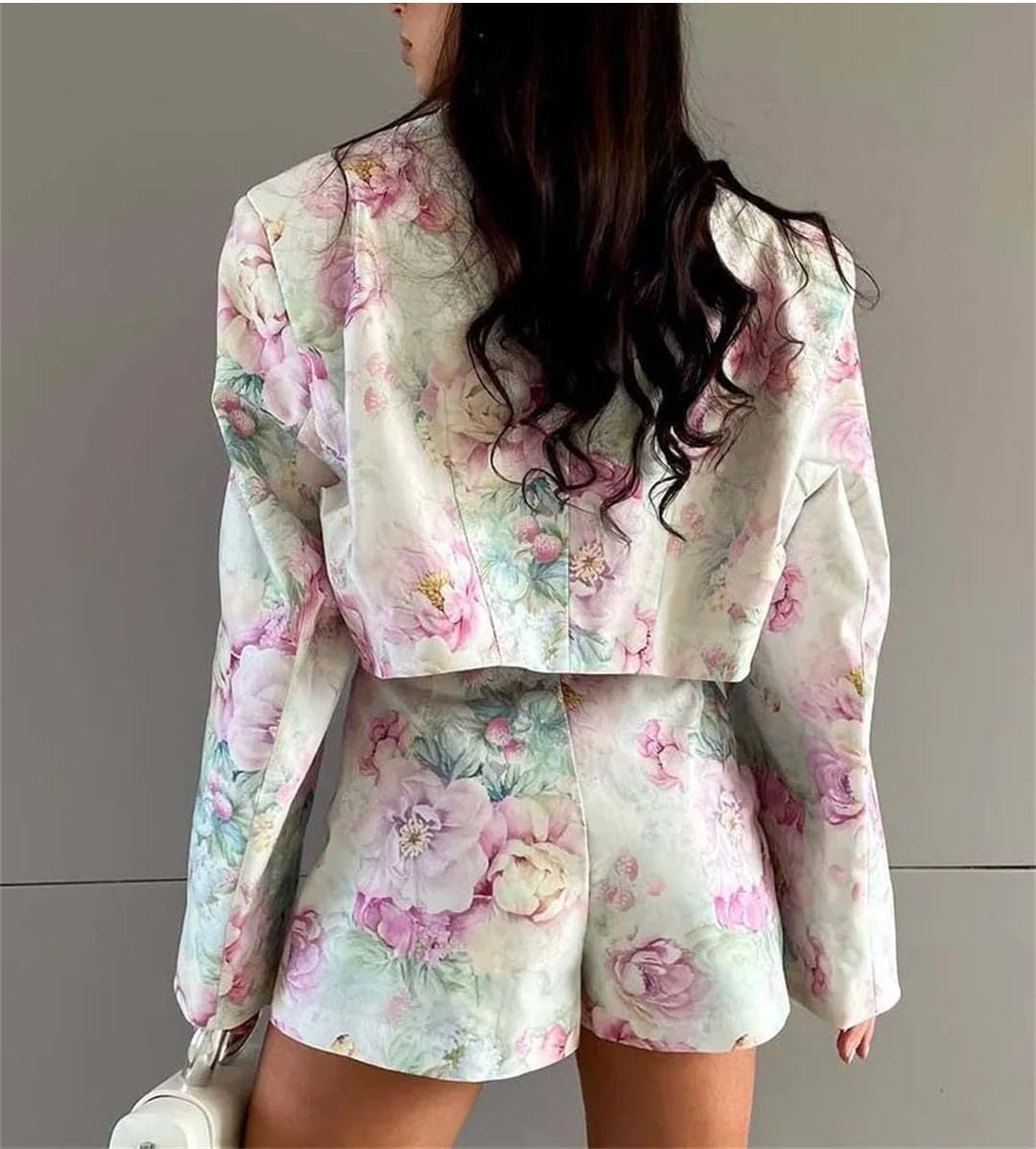 Women Print Outfit Elegant Long Sleeve Double Breasted Crop Shirts and Side Slit Mini Skirts Set