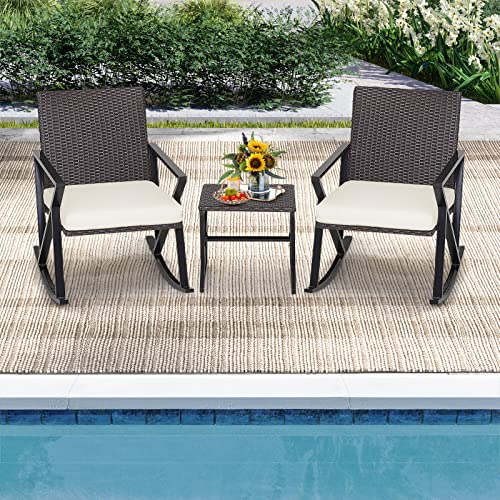 Giantex Ensemble de chaises à bascule et table de patio avec cadre en métal résistant, coussins rembourrés, ensemble de bistrot pour balcon, porche, patio – Image 3