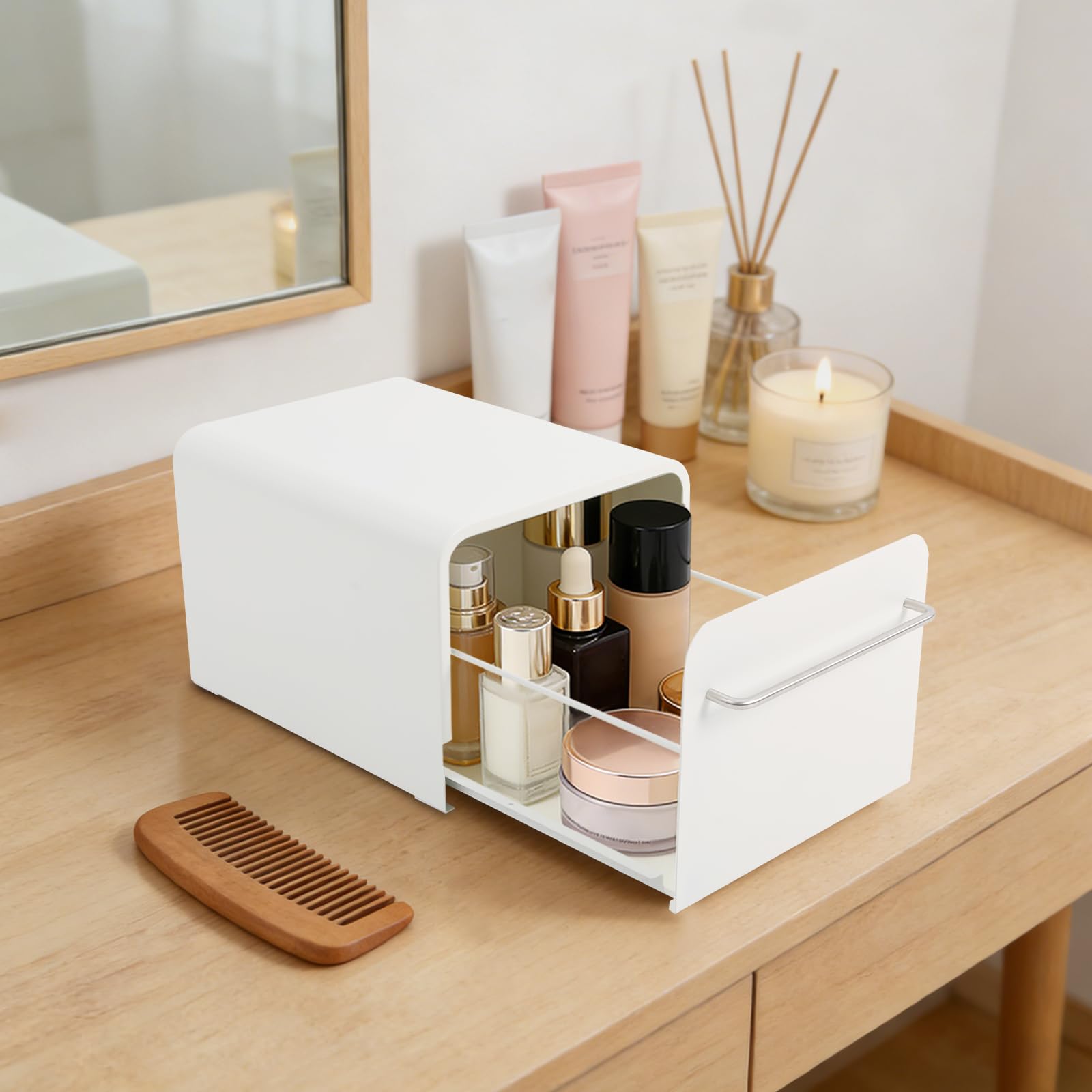 Organizer per cassetti per piano di lavoro, in metallo, per cucina, ufficio, cosmetici, bianco, 35 x 28,3 x 23 cm, cassetto estraibile con guida liscia