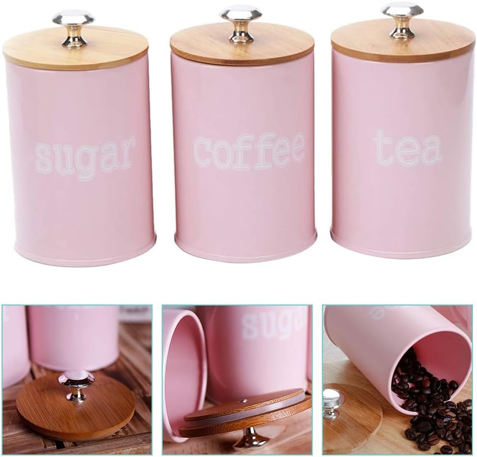 Hemoton Pink Kitchen Canisters Set of 3 with Bamboo Lids - Airtight Food Storage Jars for Coffee Sugar Tea and Spices - 5.12 X 3.54 X 3.54 Inches Compact Storage Solution