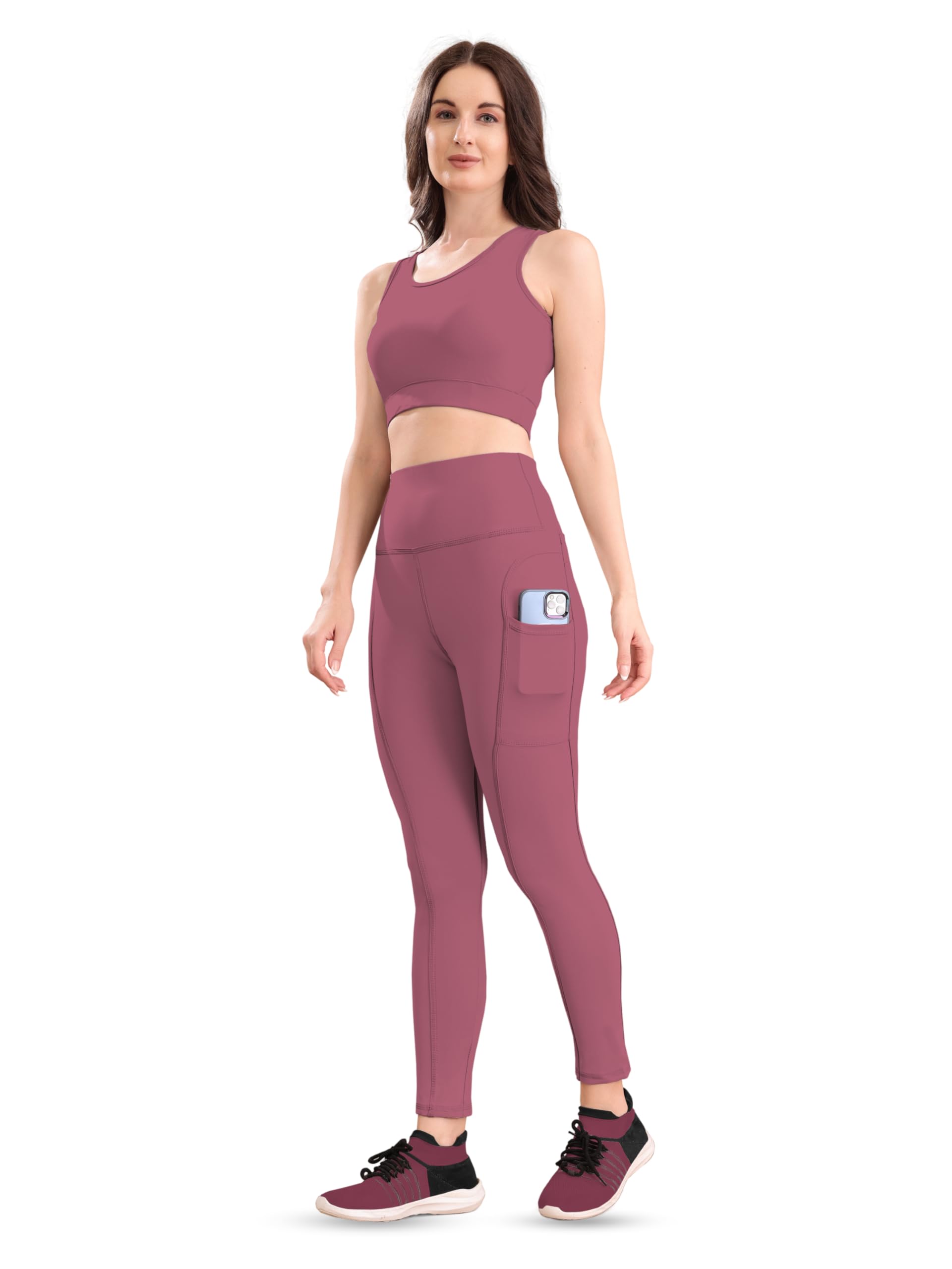 POOJARAN SAREE High-Waist Leggings with Phone Side Pocket, Gym wear Track Suit, Women's 2-Piece Workout Set, Sports Bra, Co-ord Set, Sports Running Suits, Yoga Wear Set