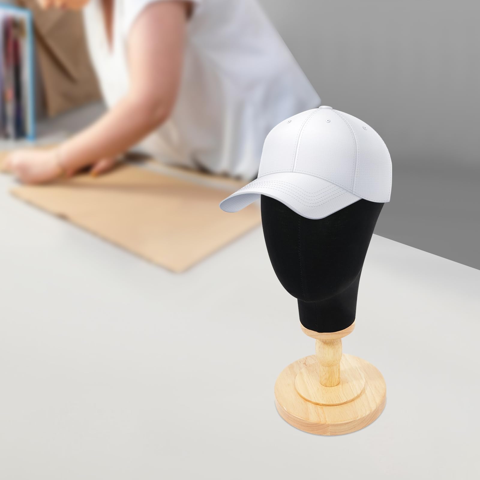 Testa per parrucca da tavolo con base rotonda stabile (16 cm di diametro) | Manichino per parrucche, 40 cm, supporto rimovibile salvaspazio, per parrucchiere, collezione di parrucchieri, fai da te