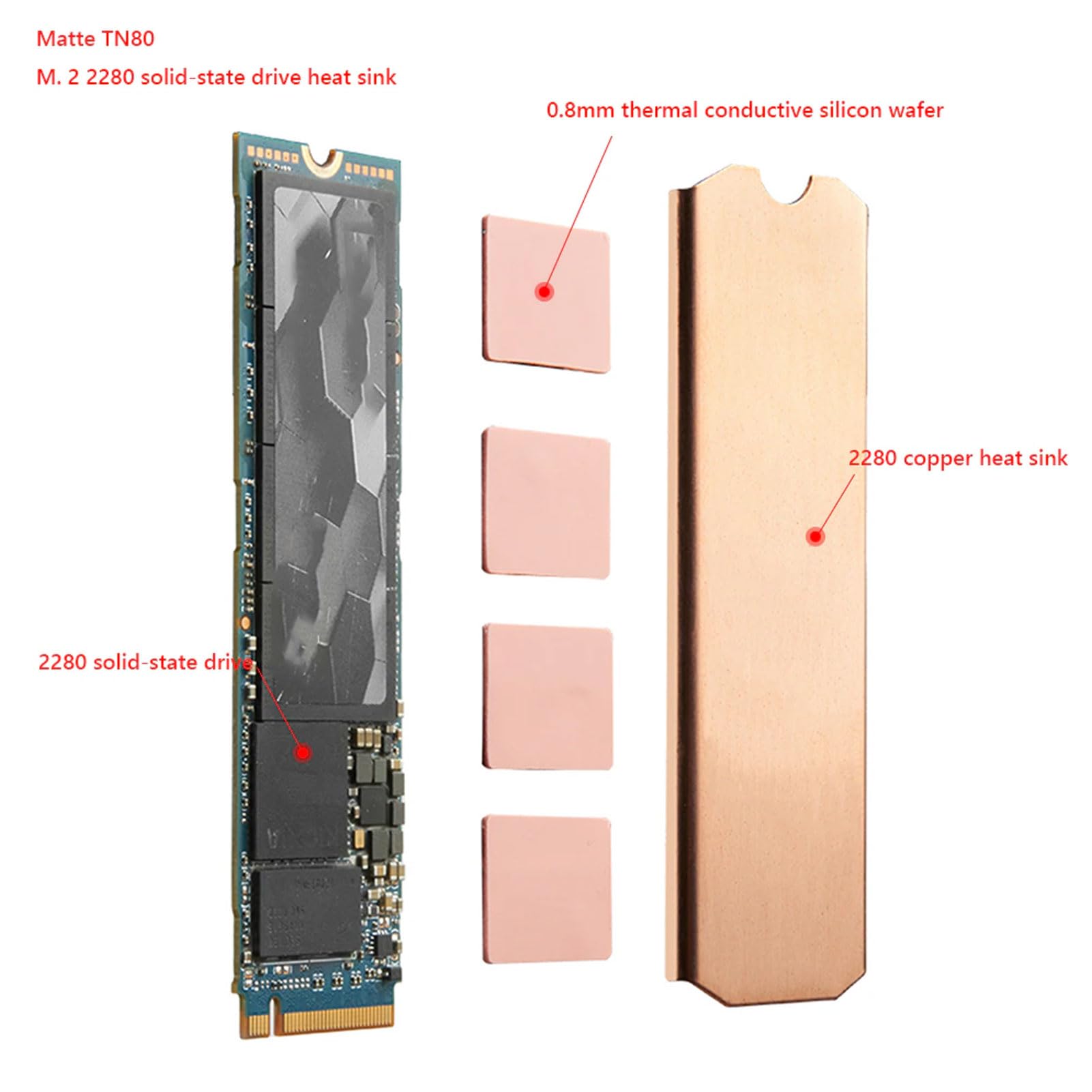 Miedziany Radiator M.2 2280 SSD, Radiator NVMe 2280 SSD Miedziany Radiator M.2 Chłodnica z silikonową podkładką termiczną do Dysku SSD M.2 2280 NVMe do Laptopa