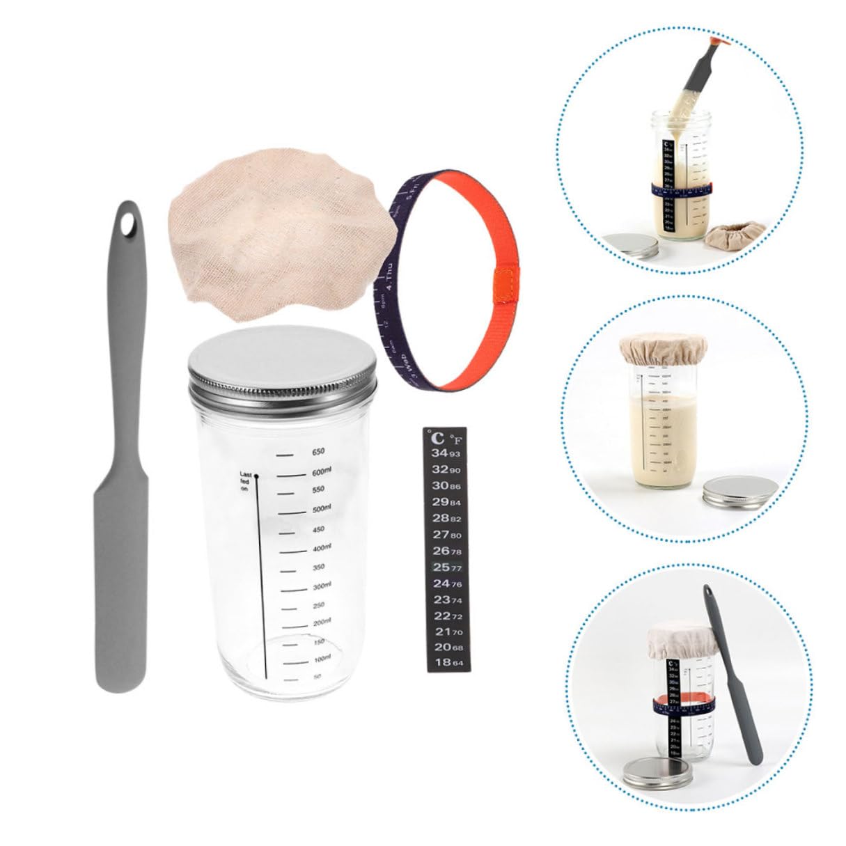 VANZACK Sauerteig Starter Glas mit Glasbehälter Luftdichtem Verschluss Temperaturpapier Stoffabdeckung und Silikonschaber für Natürliche Hefegärung und Brotbacken