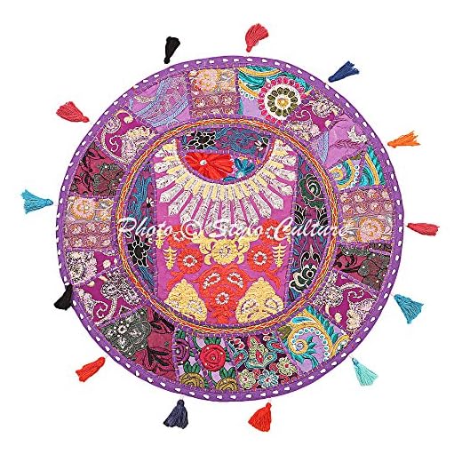 Stylo Culture Étnico Decorativo Ronda Bohemia Cojines De Suelo Yoga Patchwork Fundas Cojines Jardin Púrpura 55x55 cm Algodón Bordado Vintage Decoración del Hogar Funda De Almohada