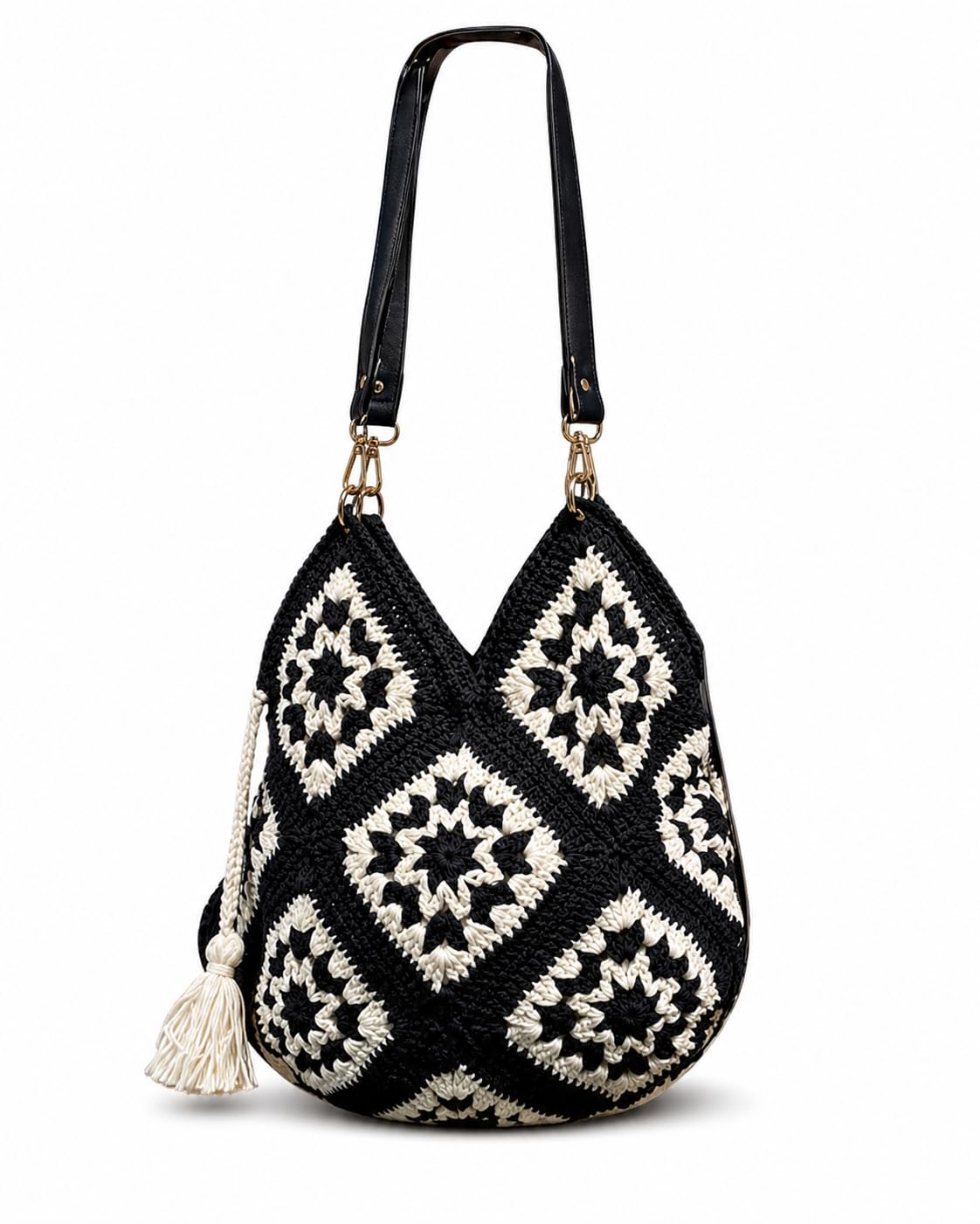 Black & White Crochet Tote – Vintage Granny Square Handbag, Diamond Pattern, Stylish Office & Festival Bag for Women, Fits 14" Laptop/MacBook, Gift for lady love-image-8