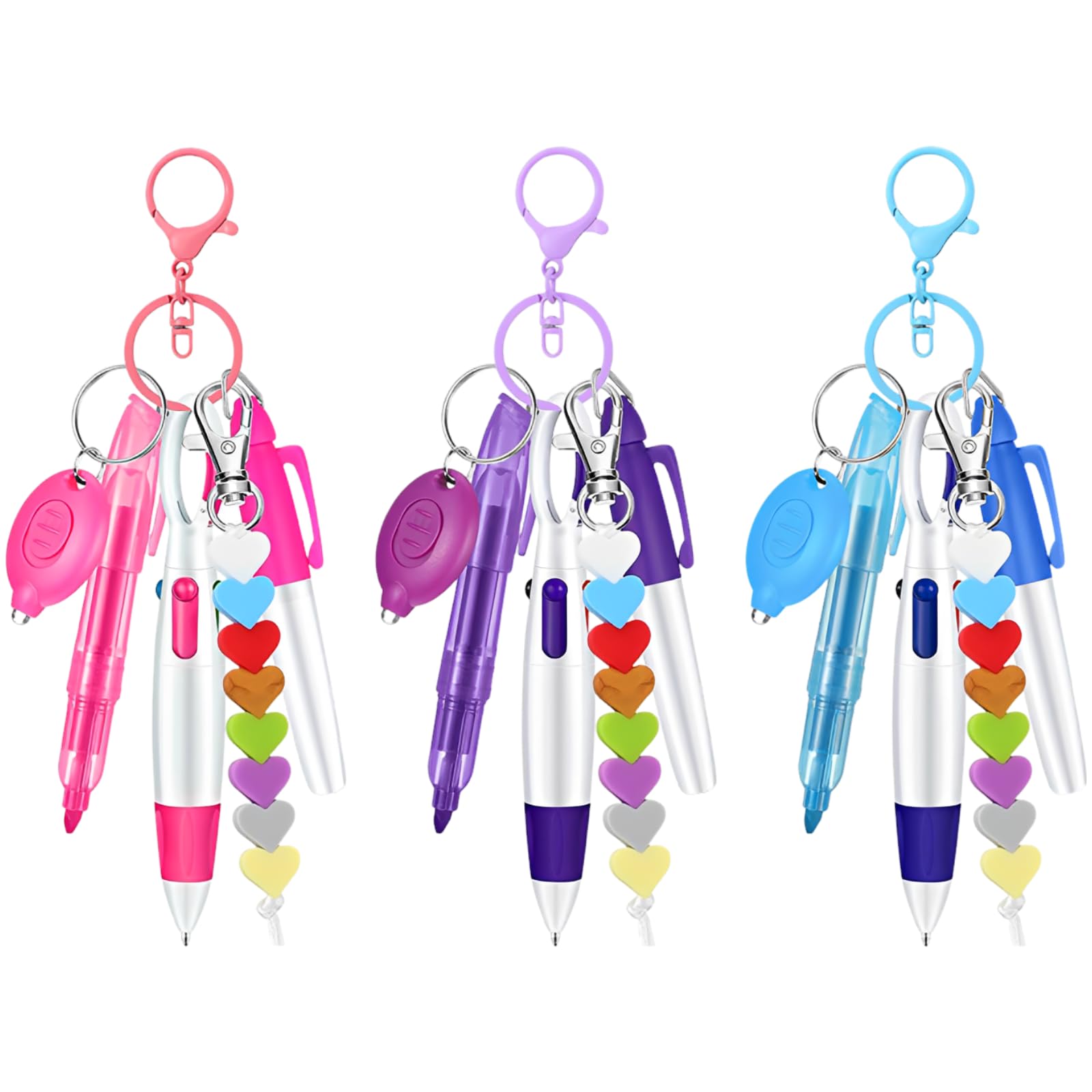 Stylo badge pour infirmières, lot de 3, stylo bille rétractable avec clip porte-clés, marqueur permanent, mini lampe LED, décor perles cœur, cadeau pour étudiants infirmiers, 3 couleurs