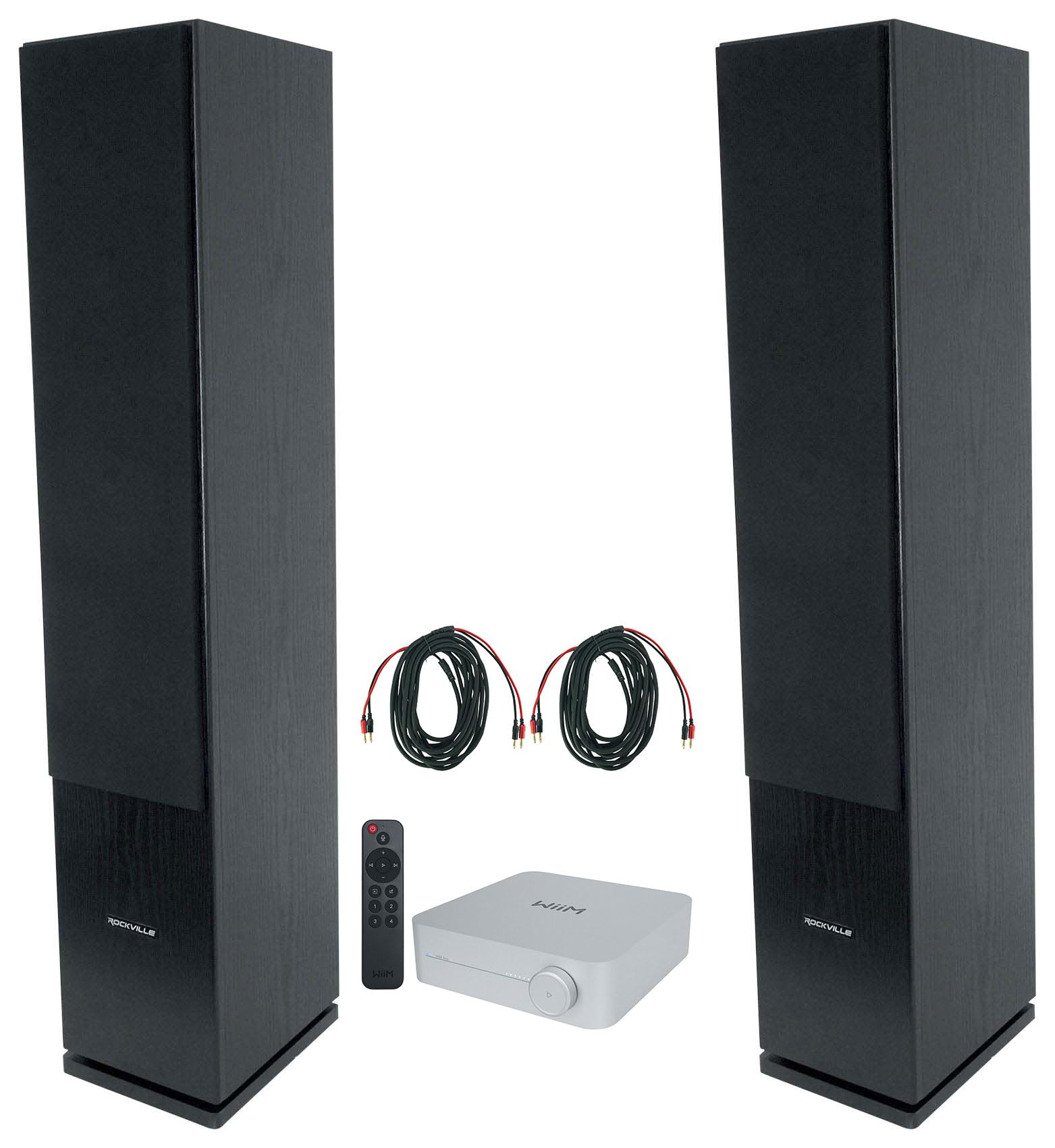 Rockville Bundle: High-Res WiFi Streaming Home Audio 120w x 2 Amplifier Receiver Bundle with (2) RockTower 64B Black Tower Speaker BN20 20' Pro Cable (5 Items)