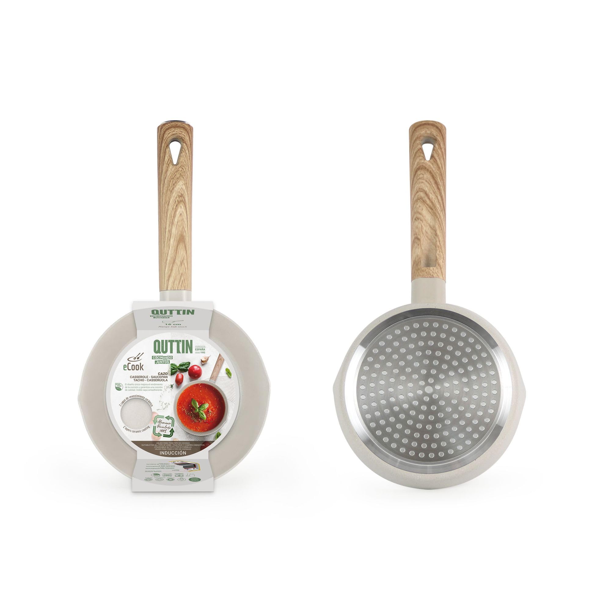 QUTTIN - Cazo Ecook 16 cm Antiadherente Cerámica PFAS Free, Aluminio Reciclado, Sin Tóxicos, Apto para Inducción Gas Vitro Eléctrico Halógeno, Mango Detalle en Madera