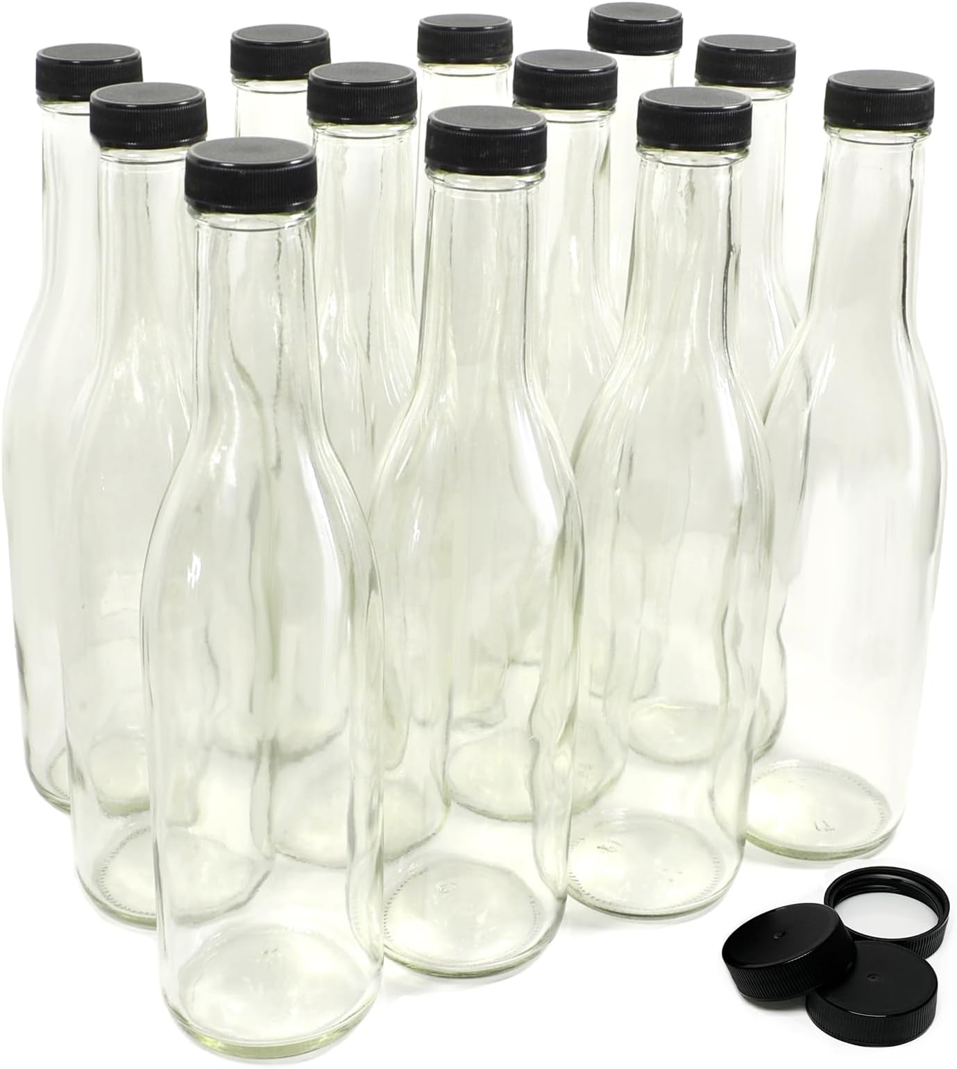 nicebottles - Clear Glass Woozy Bottles, 12 Oz (375ml) - Case of 12 Lovely Bottles Packed in Sturdy Box with 15 Black Screw Caps (Yes, That's 3 Extra Caps!)