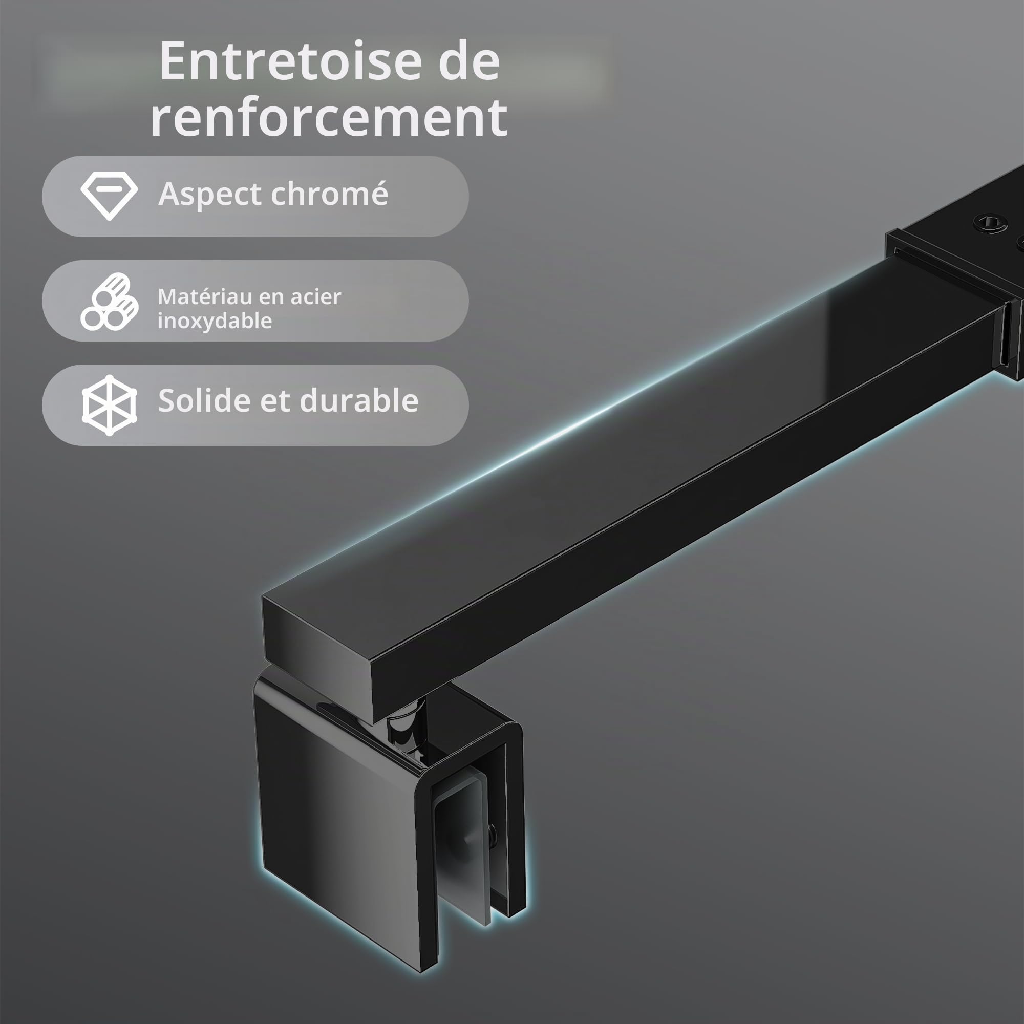 Barre d'appui réglable 73-123 cm - Tube carré - Barre de stabilisation pour douche, paroi en verre, barre d'appui pour épaisseur de verre de 6 à 10 mm - Noir mat