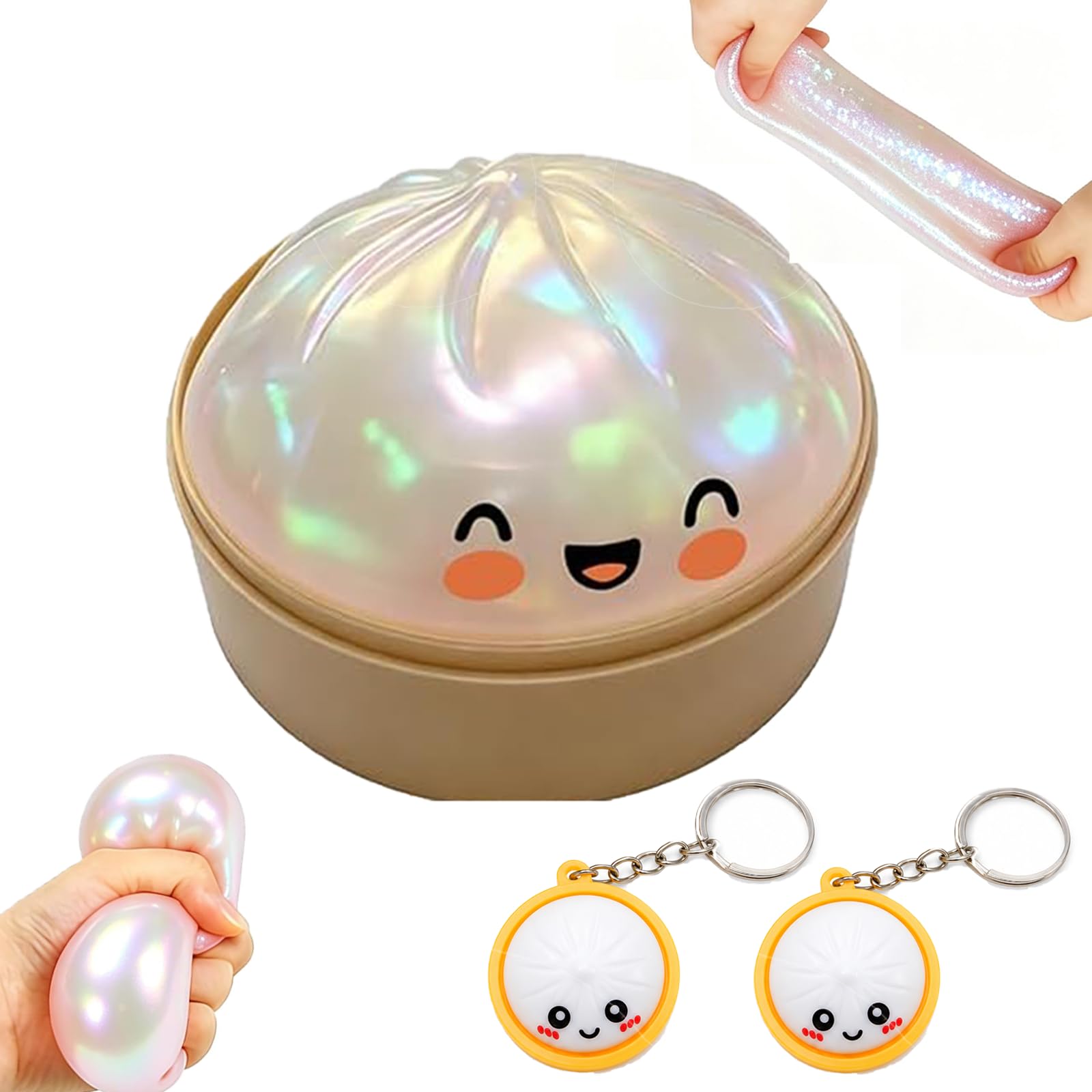 3Pcs Dumpling Squishy, Mini Dumpling Squishy Fidget Keyboard Clicker, Slow Rising Sensory Pearl White Decorative Set with Keychain Accessories